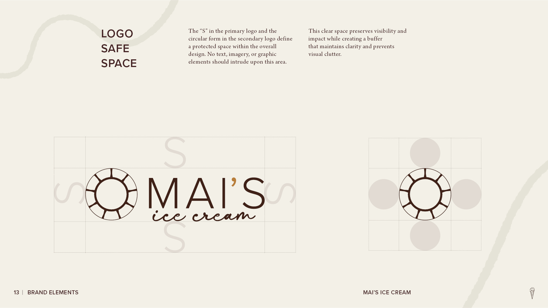 Mai’s Ice Cream logo safe-space guidelines showing spacing rules around the primary wordmark and circular secondary mark using proportional reference guides.