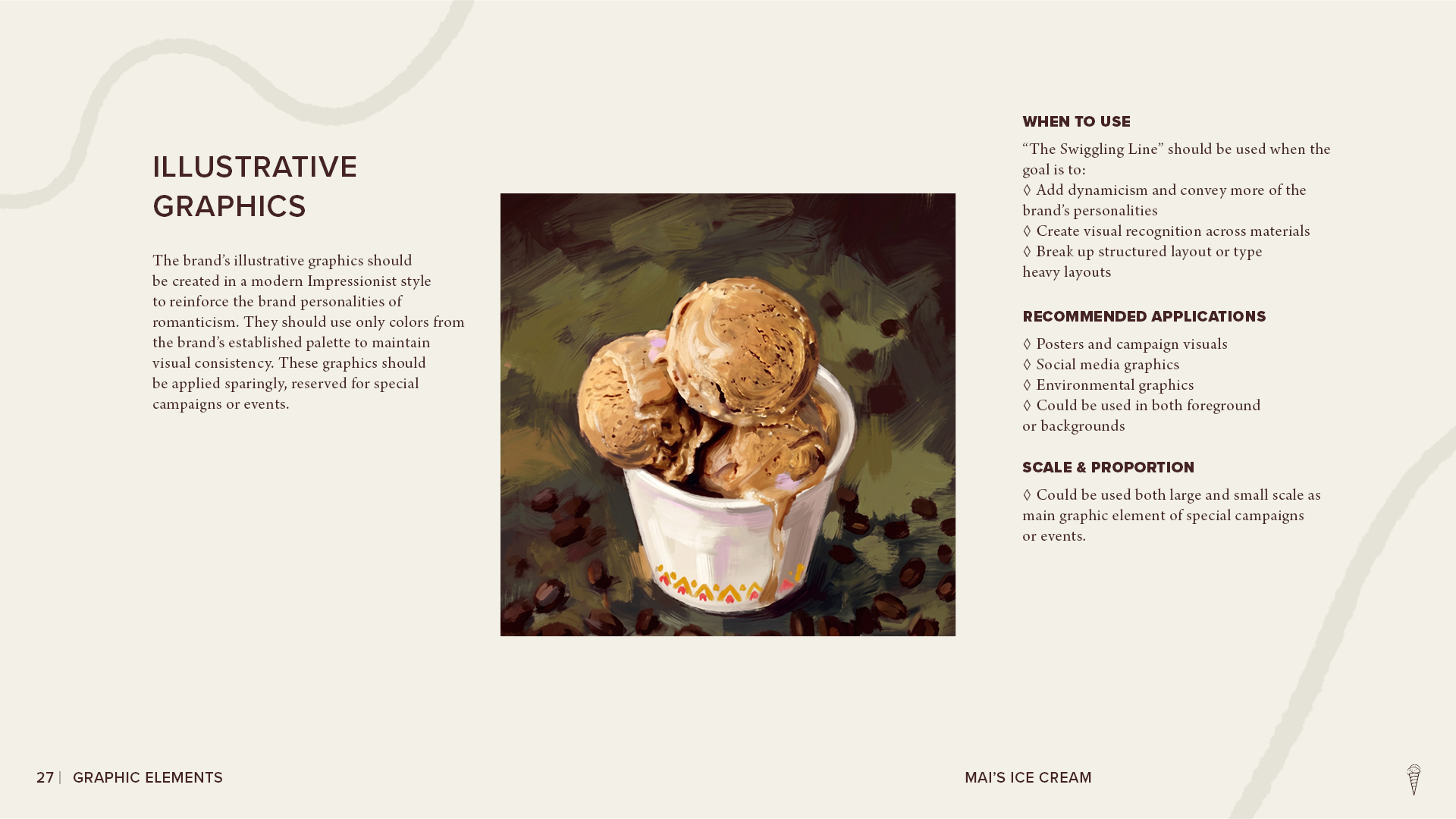 Mai’s Ice Cream illustrative graphics page featuring a painterly image of scoops of ice cream in a cup, with guidelines for style, applications, and scale.