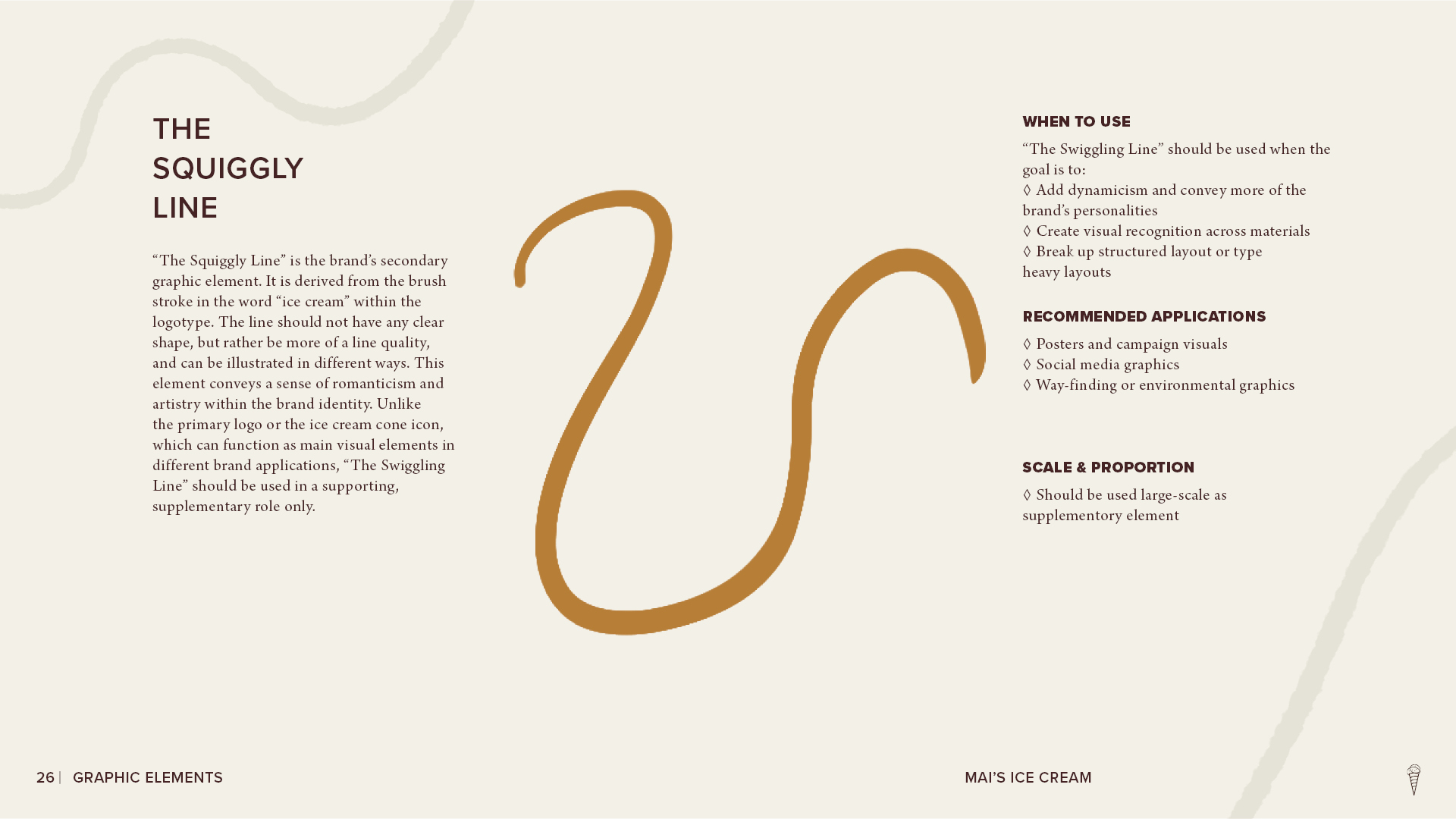 Mai’s Ice Cream graphic element page featuring the brand’s gold squiggly line motif with guidance for its purpose, recommended applications, and scale.