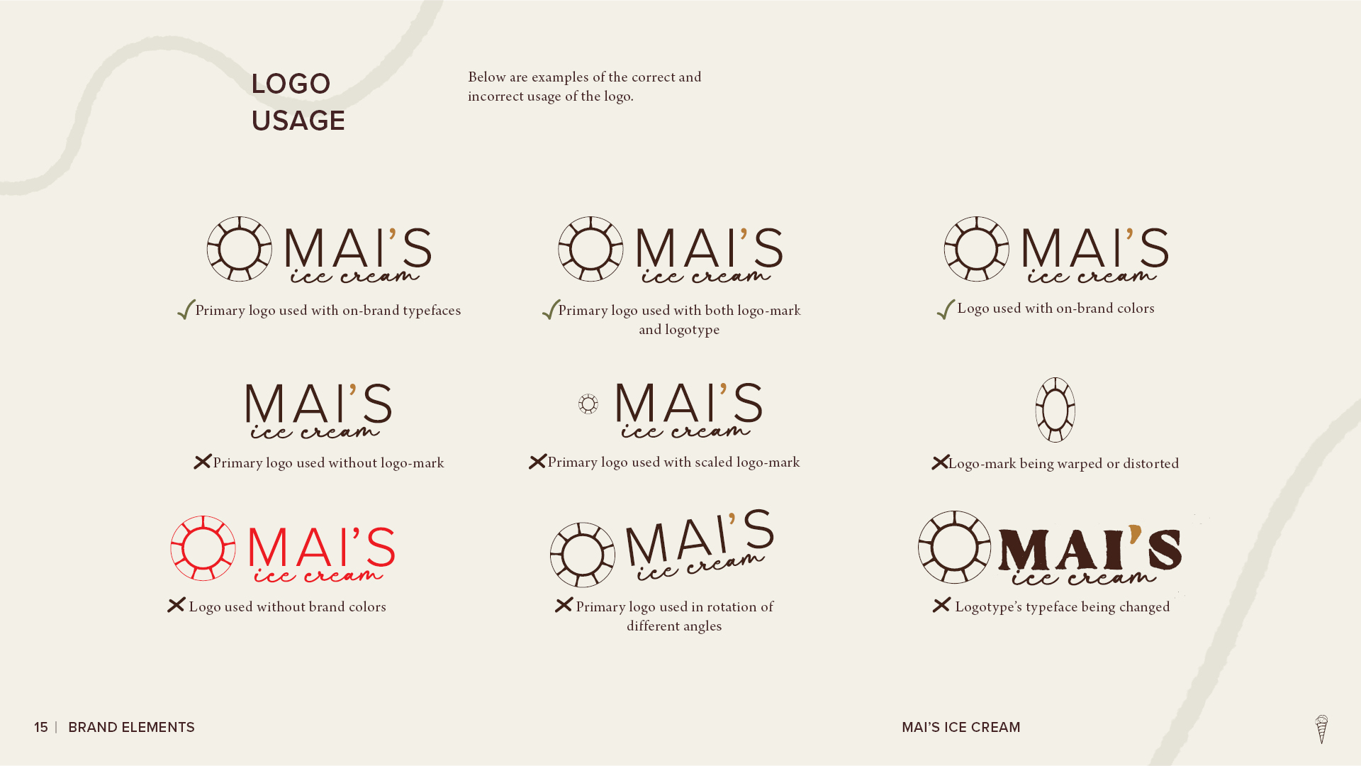 Mai’s Ice Cream logo usage guidelines showing correct and incorrect applications of the logo, including approved colors, proportions, orientation, and typography.