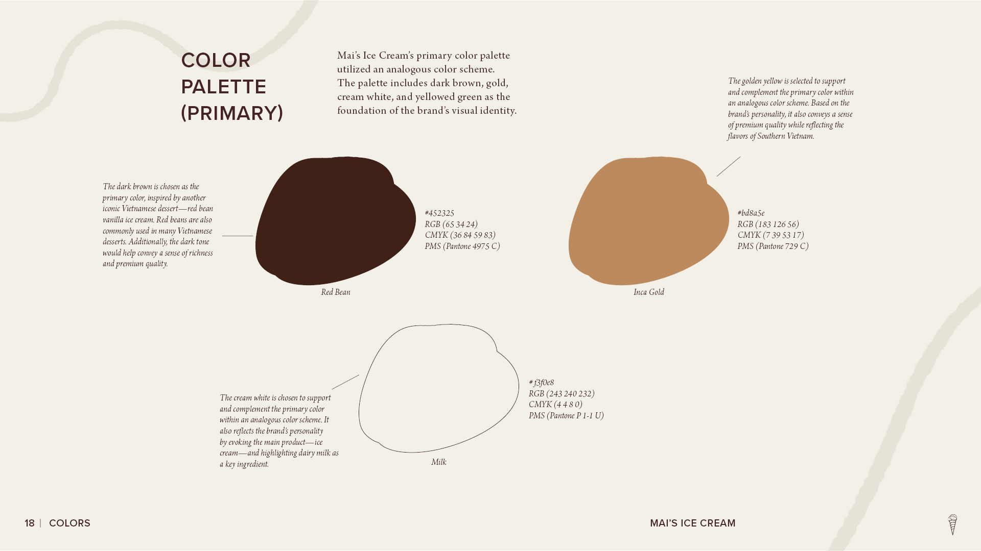 Mai’s Ice Cream primary color palette page showing the brand’s dark brown, gold, and cream colors with color codes and notes explaining their visual role.