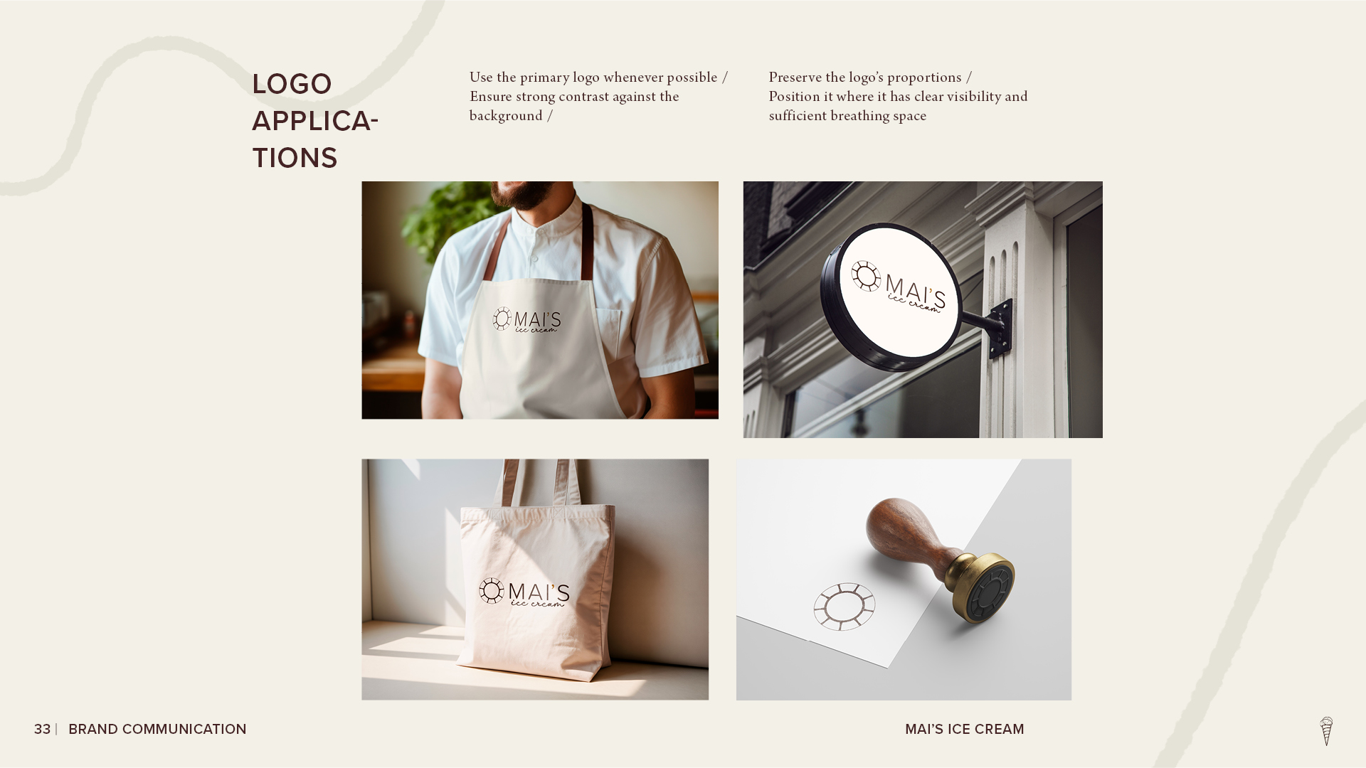 Mai’s Ice Cream logo applications page showing the brand mark applied to an employee apron, storefront sign, tote bag, and stationery stamp.