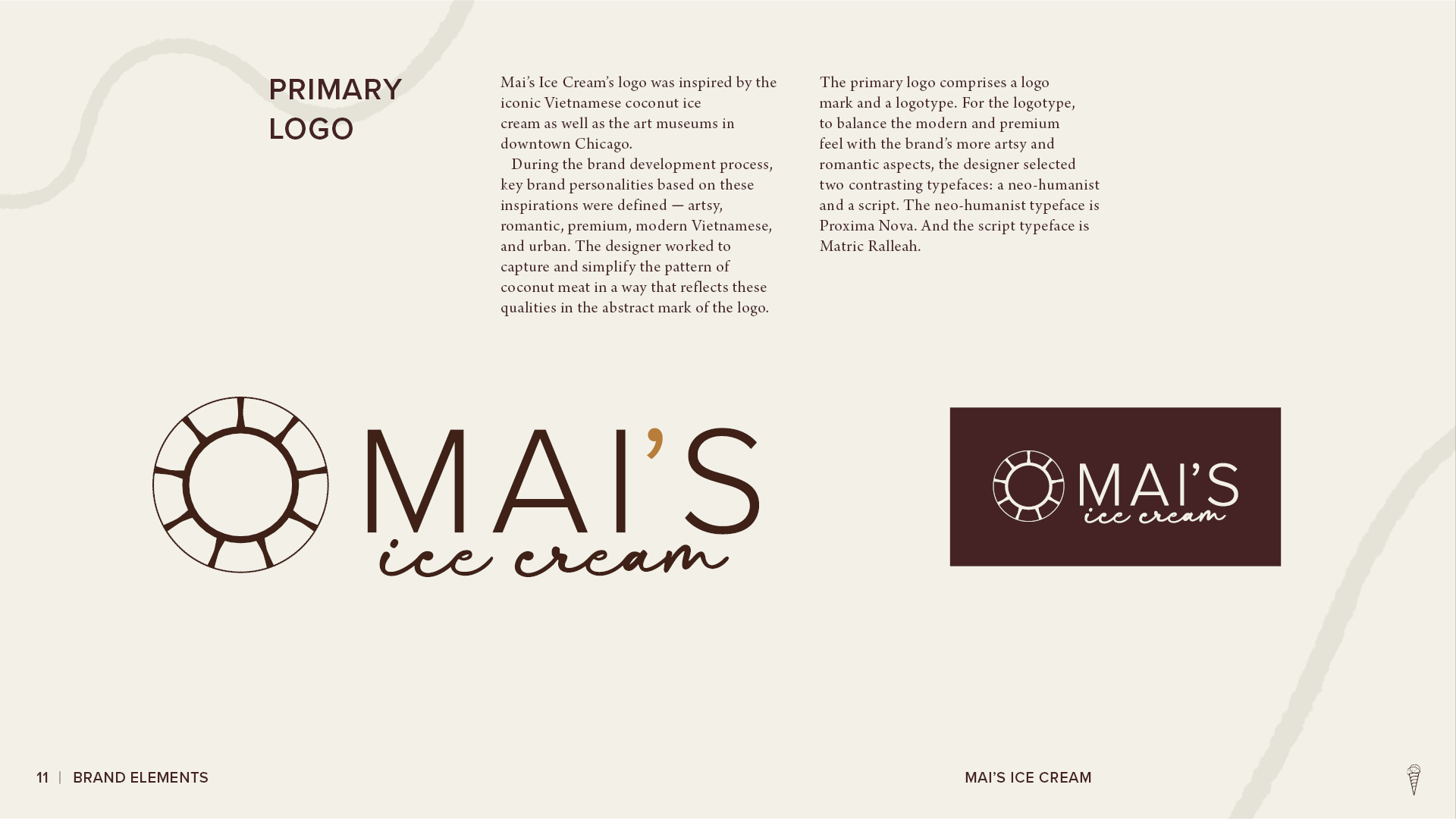Mai’s Ice Cream primary logo page showing the logo concept, typography rationale, and primary logo variations in brown and cream.