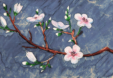Painting of a flowering tree branch with delicate white and pink blossoms against a textured blue-gray background.