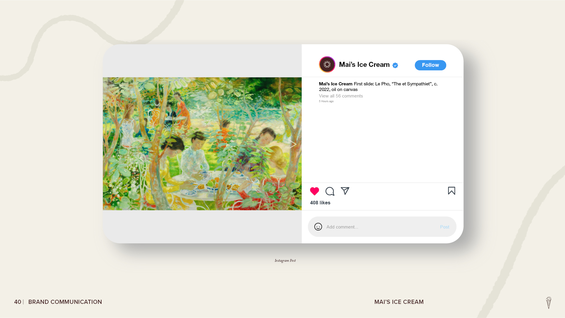 Mai’s Ice Cream Instagram post mockup featuring an artwork image, branded profile identity, caption, and social media engagement elements.