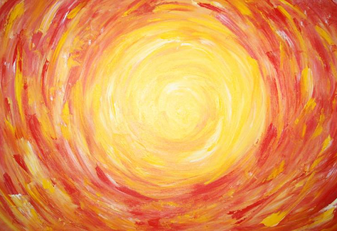 Abstract painting with swirling red, orange, and yellow brushstrokes surrounding a bright glowing center.