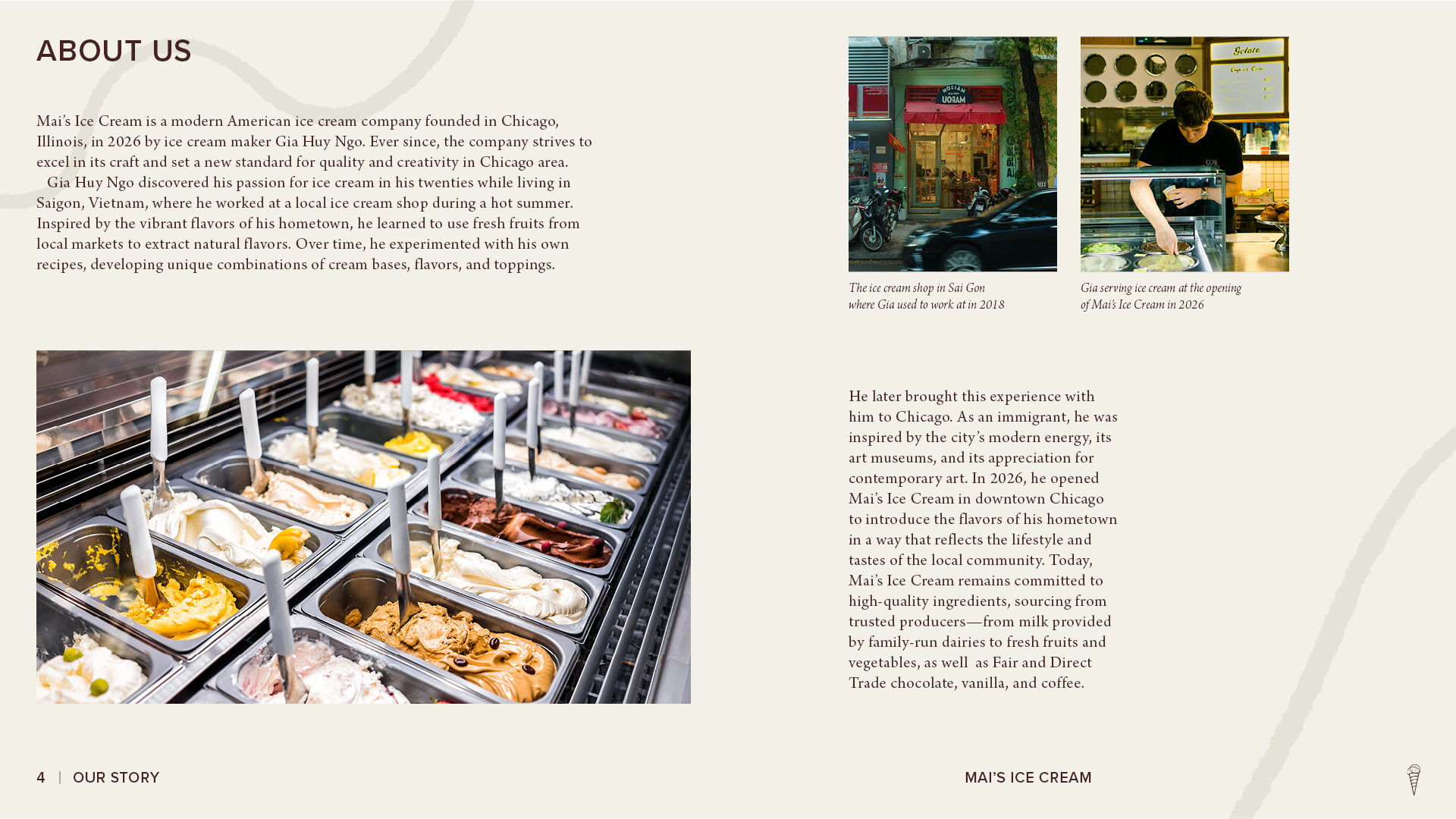 Mai’s Ice Cream brand style guide ‘About Us’ spread featuring company history, founder background, storefront and staff photos, and a large image of assorted ice cream flavors.