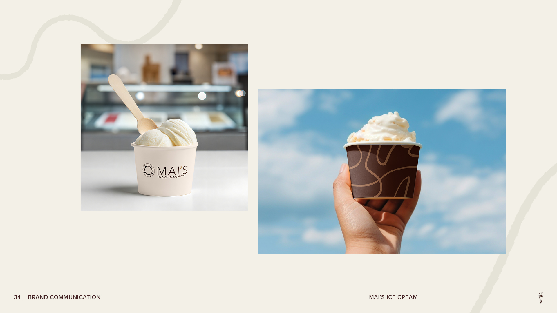 Mai’s Ice Cream brand application page showing two branded ice cream cups—one on a shop counter and one held outdoors against a blue sky.