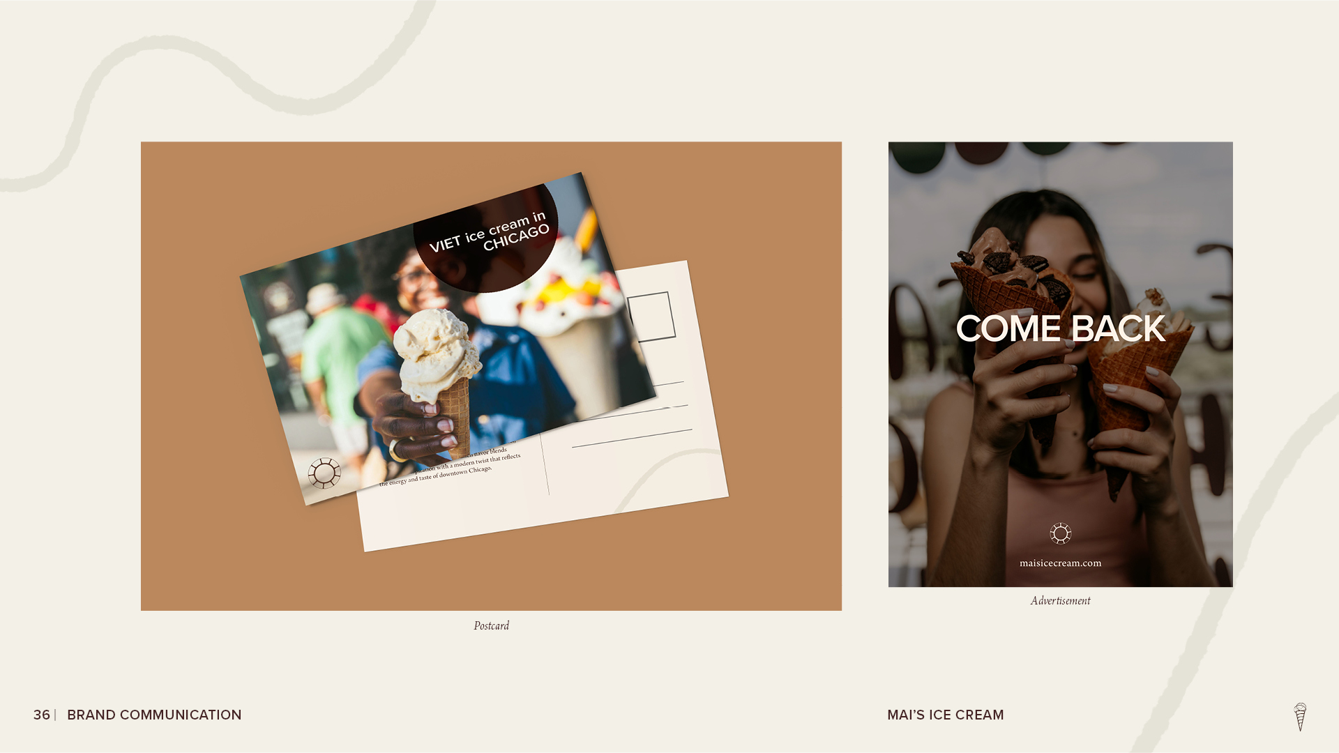 Mai’s Ice Cream brand communication page showing a branded postcard design and a promotional advertisement featuring customers holding ice cream cones.