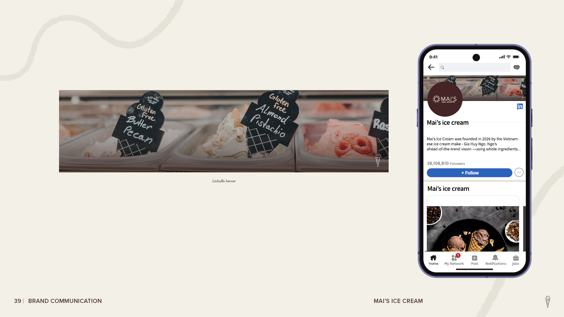 Mai’s Ice Cream brand communication page showing a LinkedIn banner with gelato flavors and a mobile LinkedIn profile mockup featuring the brand logo, company description, and promotional imagery.