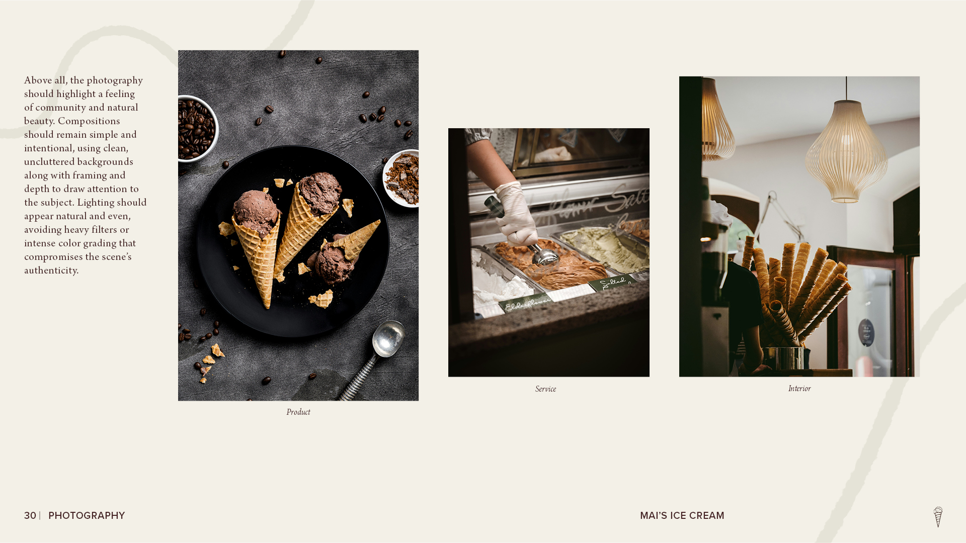 Mai’s Ice Cream photography guidelines page showing product, service, and interior imagery, including chocolate ice cream cones, gelato being served, and stacked waffle cones inside the shop.