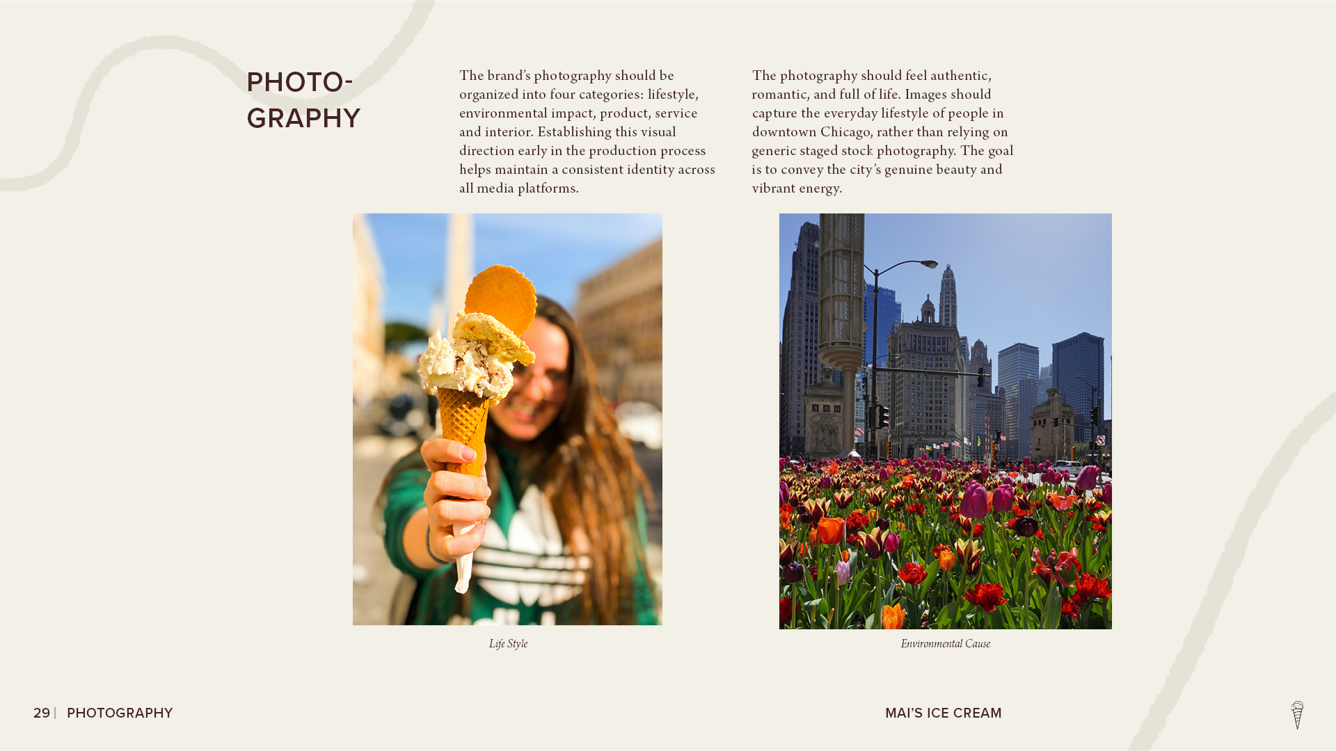Mai’s Ice Cream photography guidelines page featuring lifestyle imagery of a person holding an ice cream cone and an environmental photo of downtown Chicago with colorful tulips.