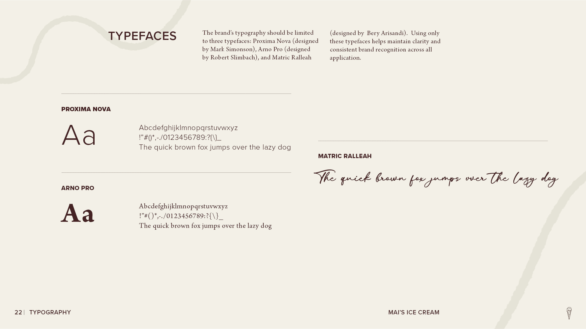 Mai’s Ice Cream typography page presenting the brand’s selected typefaces—Proxima Nova, Arno Pro, and Matric Ralleah—with sample letterforms and text.