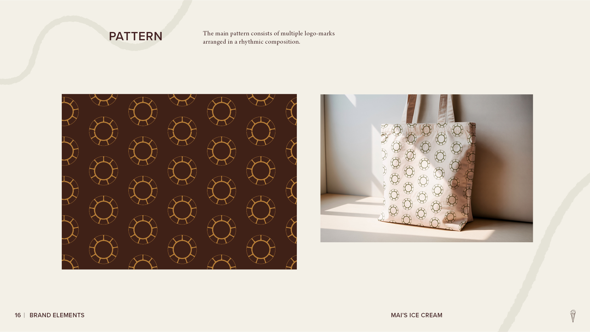 Mai’s Ice Cream brand pattern page showing a repeating circular logo motif and a tote bag mockup featuring the pattern.