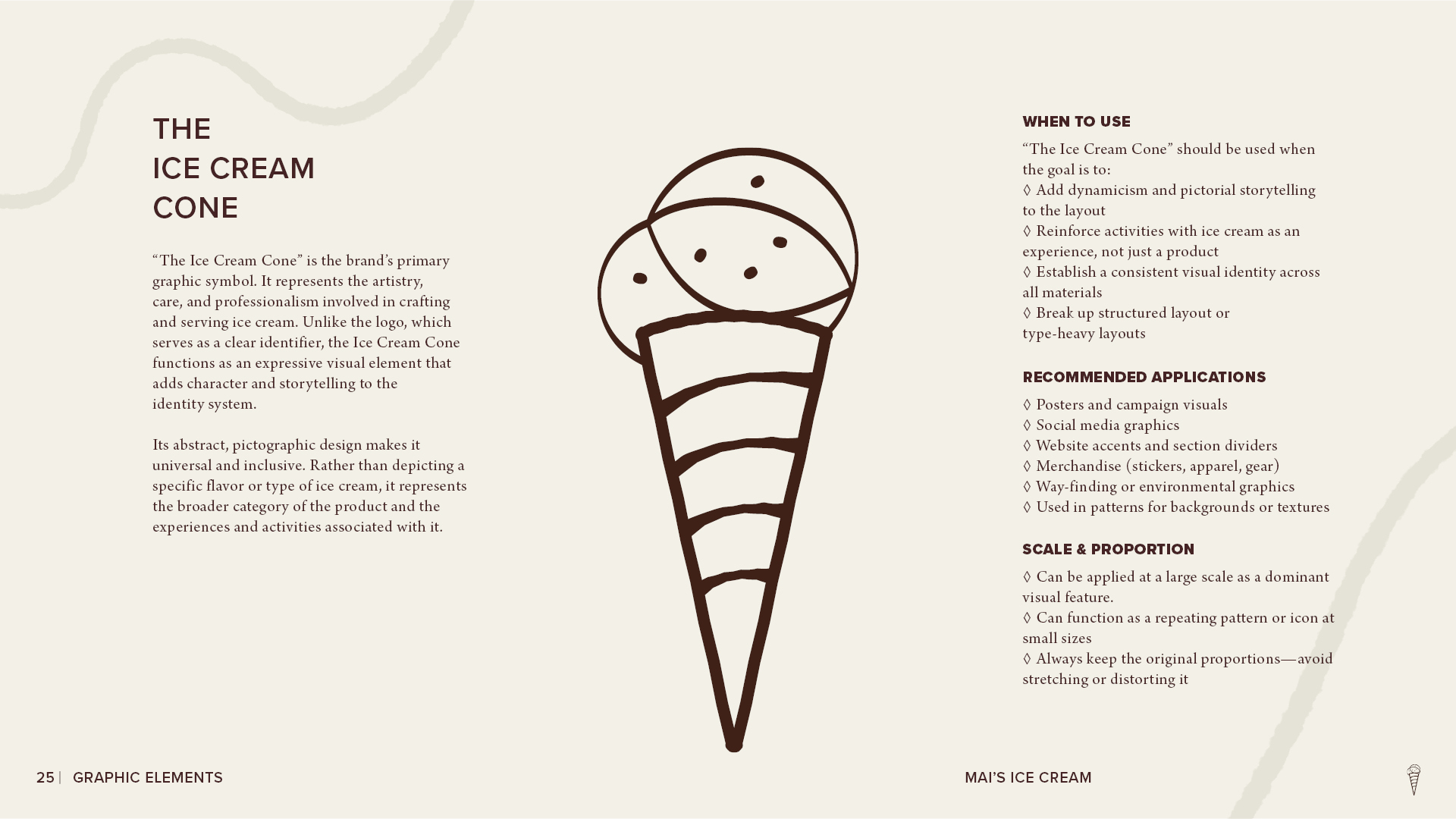 Mai’s Ice Cream graphic element page featuring a stylized ice cream cone illustration with guidelines for its purpose, recommended applications, scale, and proportion.