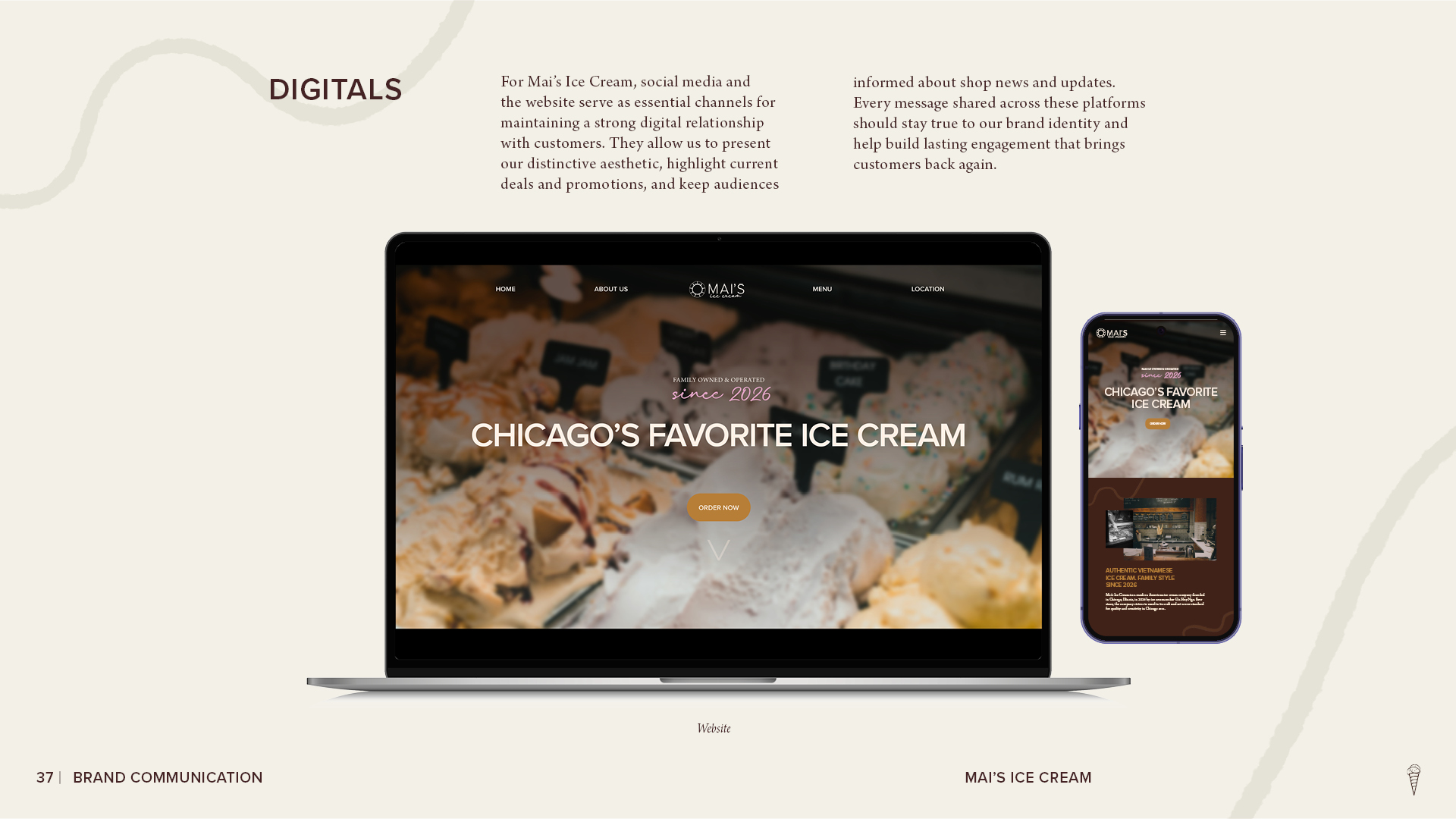 Mai’s Ice Cream digital brand application page showing responsive website designs displayed on a laptop and smartphone, featuring ice cream imagery and brand messaging.