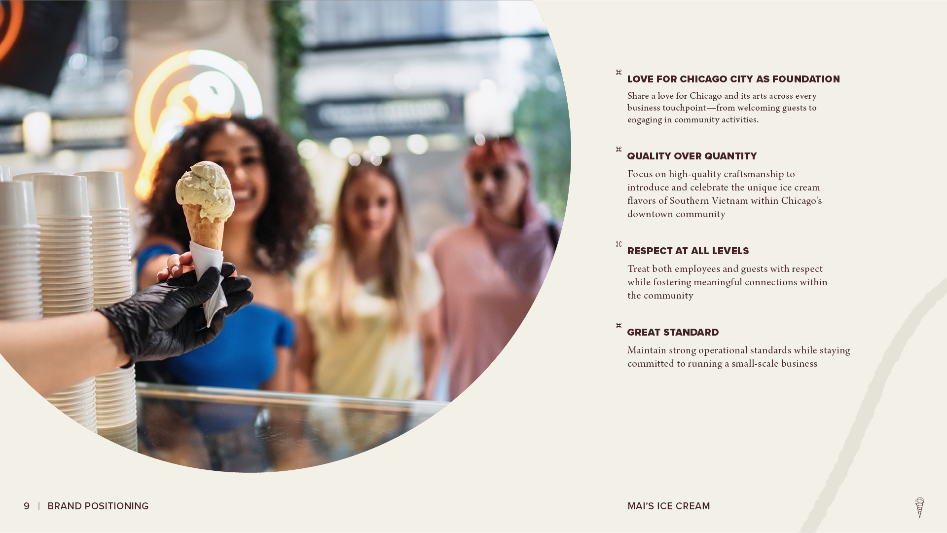 Mai’s Ice Cream brand values page featuring an employee serving an ice cream cone to customers alongside principles focused on Chicago community, quality, respect, and high standards.