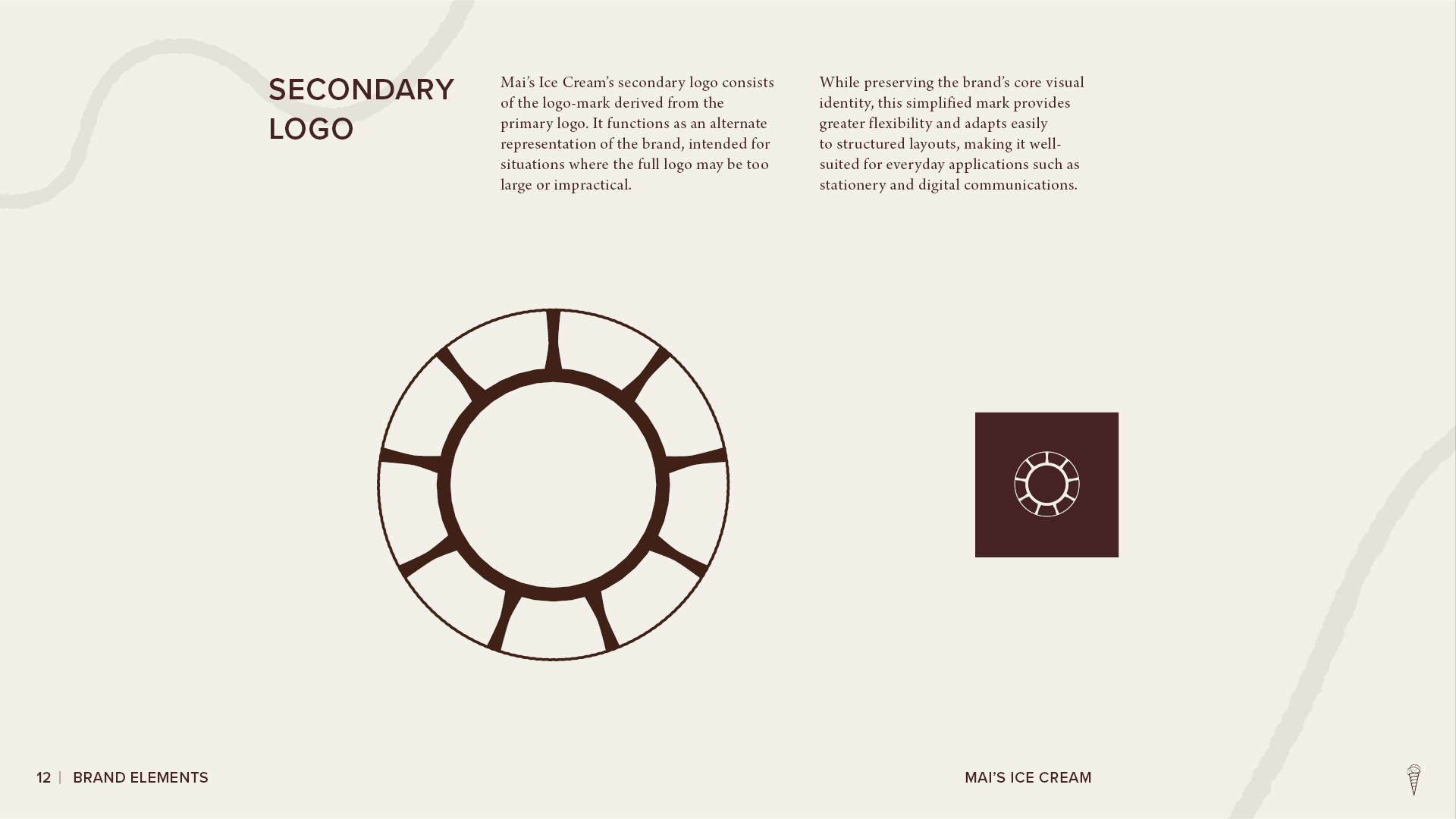 Mai’s Ice Cream secondary logo page showing the circular brand mark, its simplified application, and a reversed version on a dark brown background.