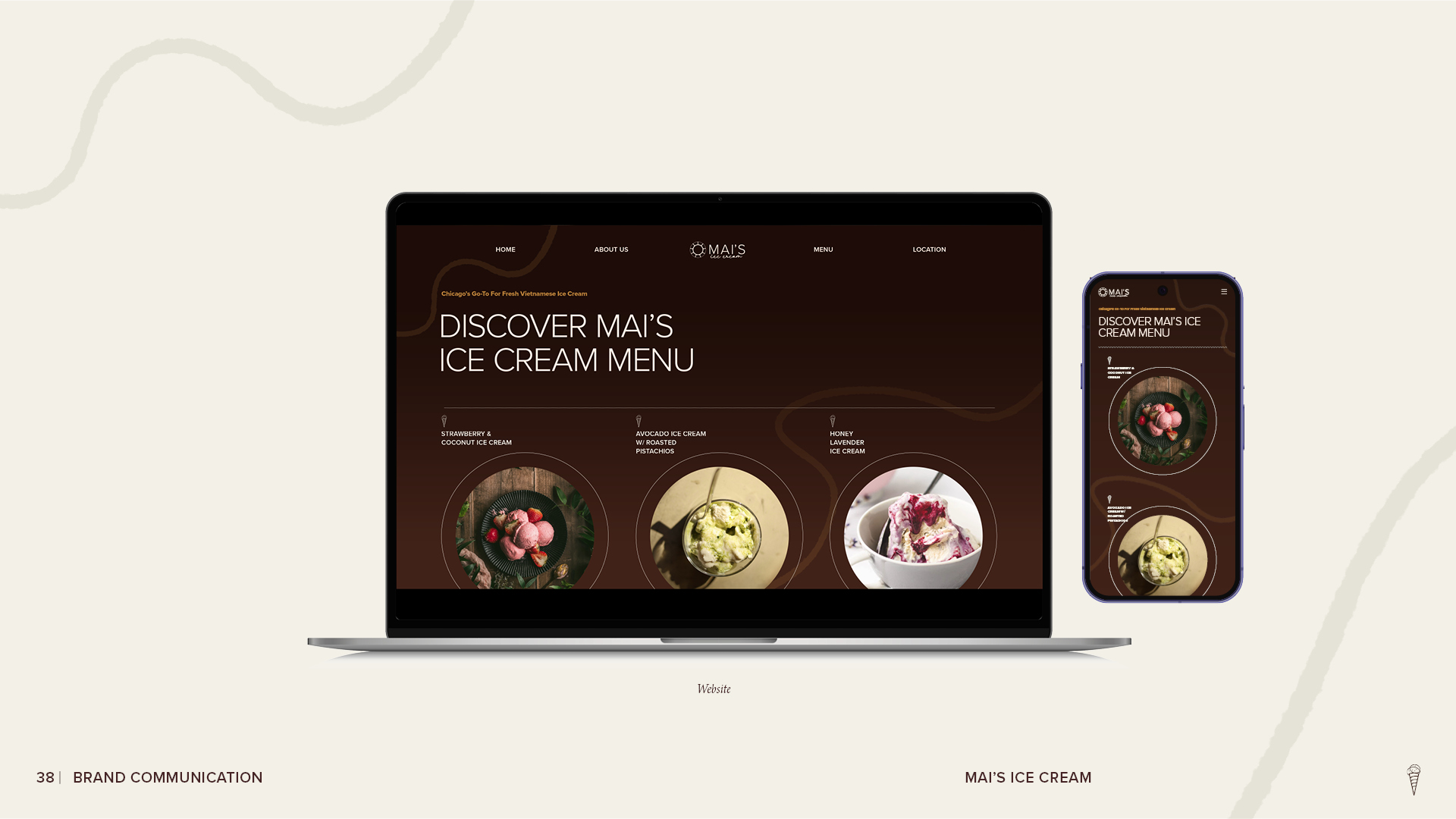 Mai’s Ice Cream responsive menu page shown on laptop and smartphone mockups, featuring branded brown layouts and photos of strawberry, avocado pistachio, and honey lavender ice cream.