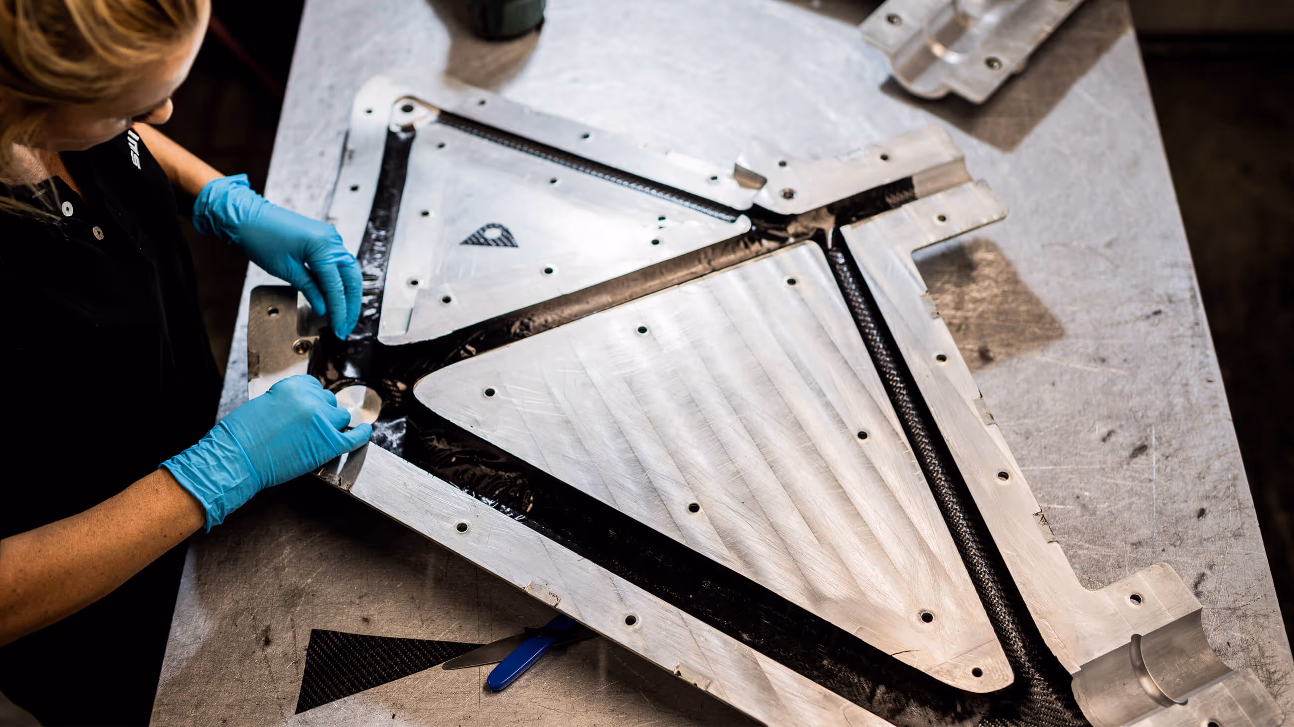 Detail of a finished SWI monocoque carbon frame junction