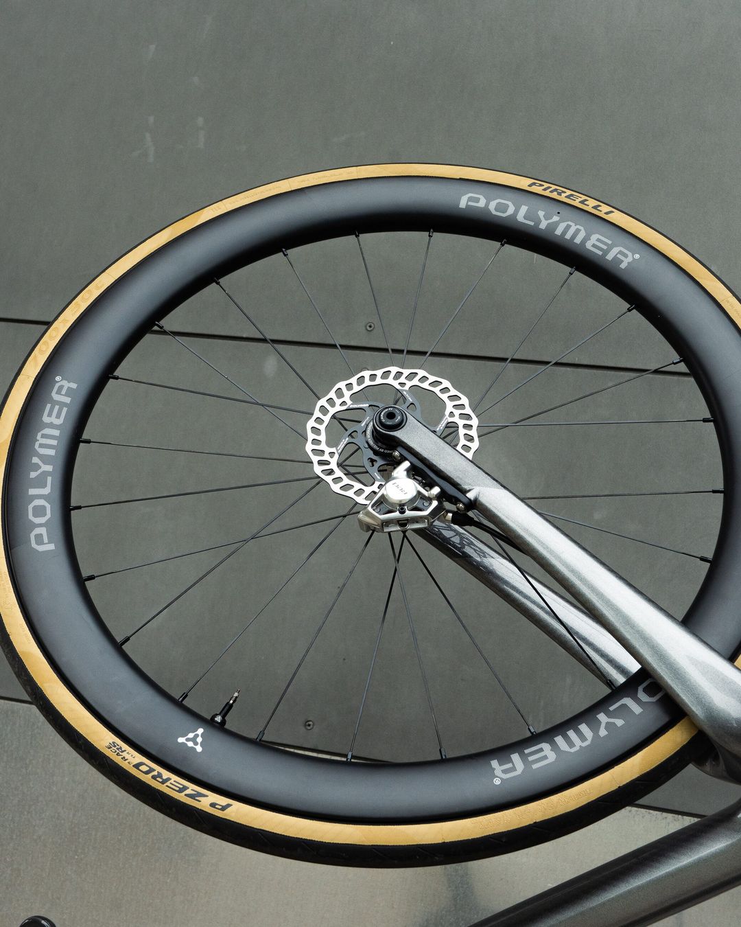 Front wheel, disc rotor and fork leg on the Polymer Workshop rim
