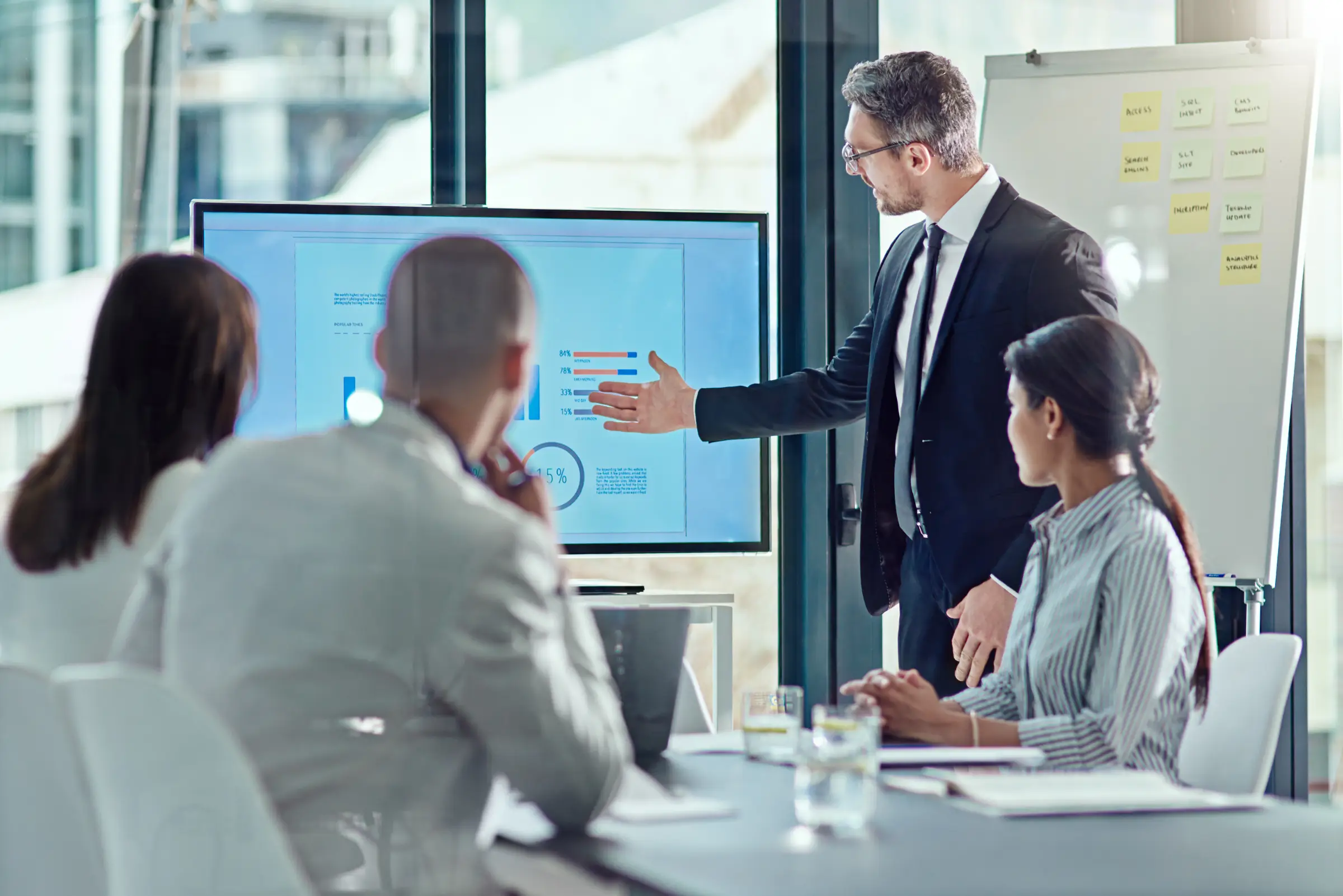 Presentation, speaker and data with business man in office planning and meeting.