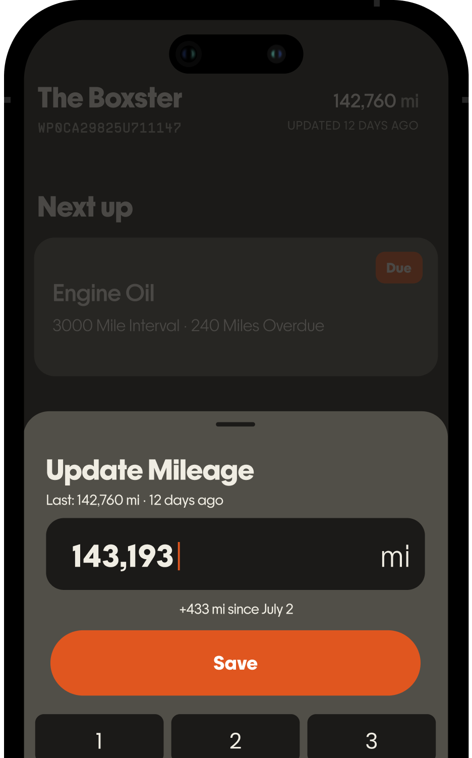 Update Mileage sheet in Kept: the odometer typed in as 143,193 mi over The Boxster's screen, with a Save button
