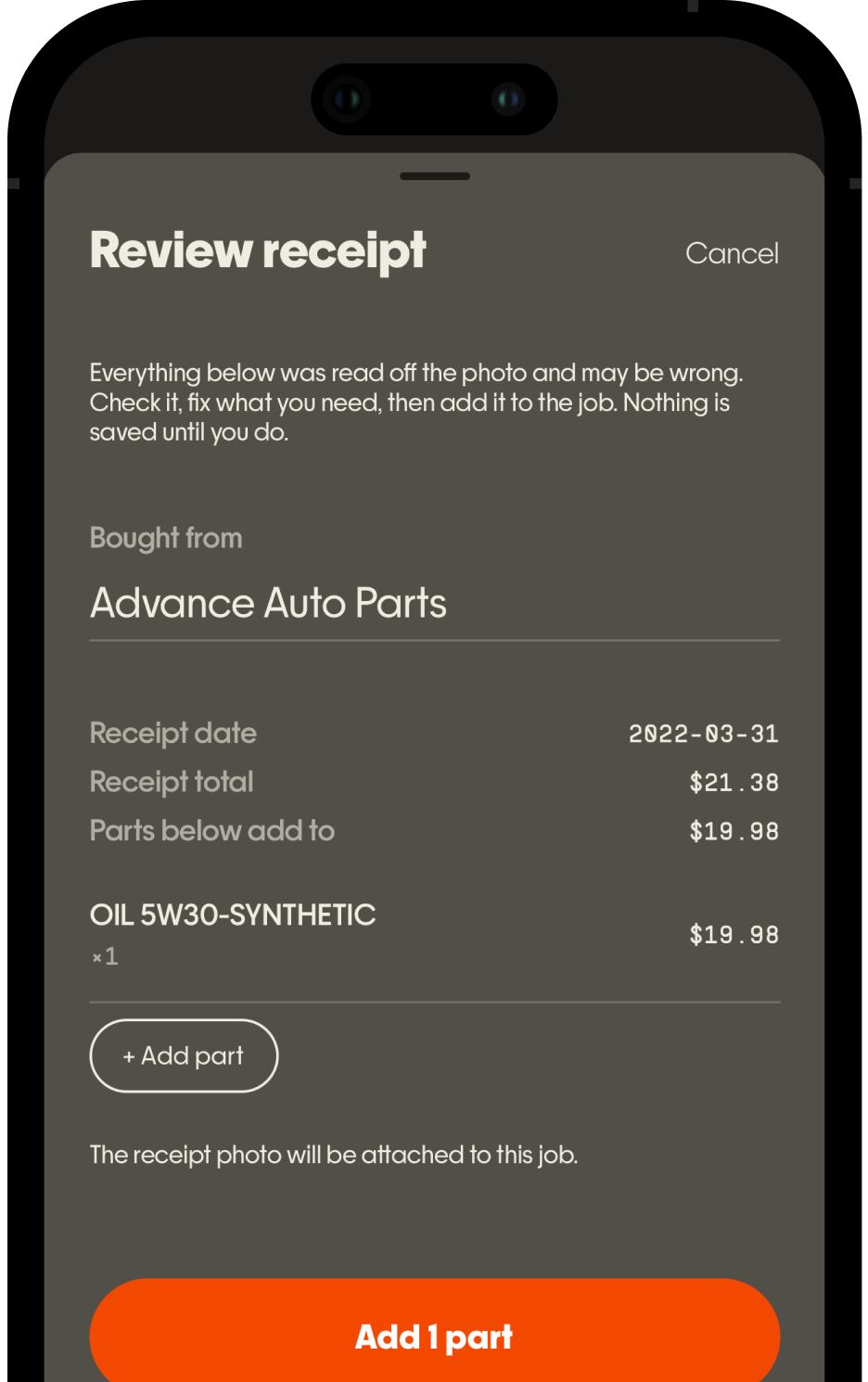 Review receipt screen in Kept: a photographed parts receipt with the part names, prices, and store read off it, ready to attach to the job