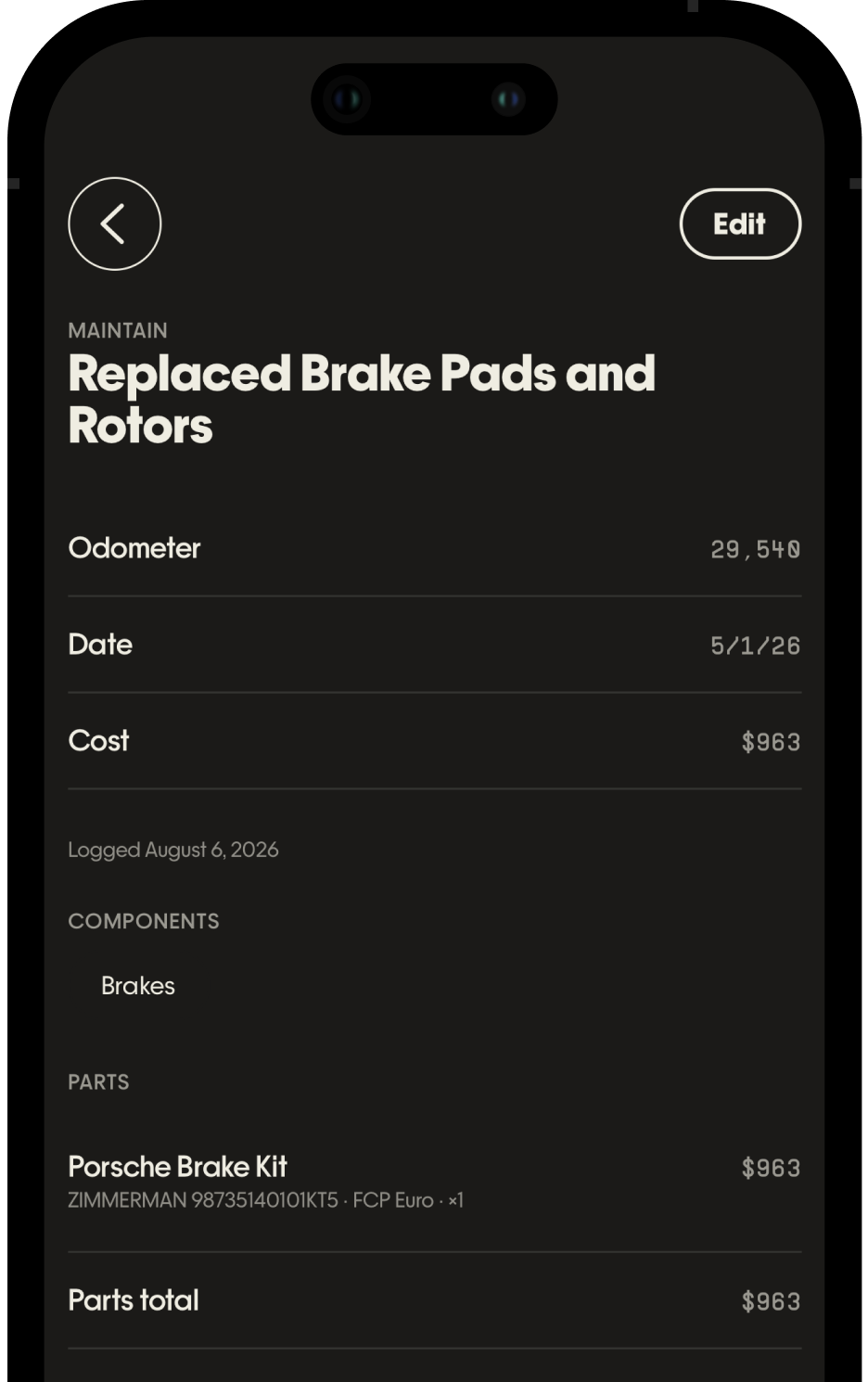 Job detail in Kept for Replaced Brake Pads and Rotors, showing the odometer, cost, parts, and the day the job was logged