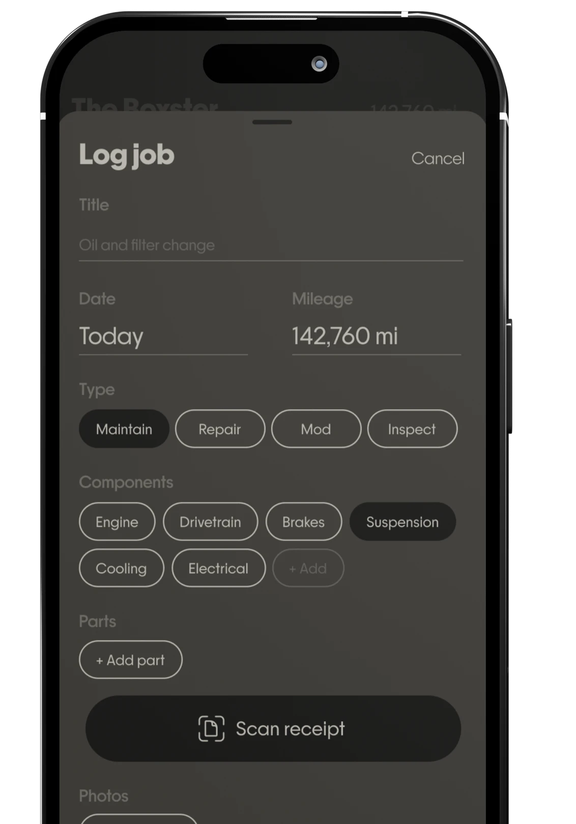 An iPhone showing Kept's Log job sheet: title, date, mileage, the job type and component chips, parts, a Scan receipt button, and photos