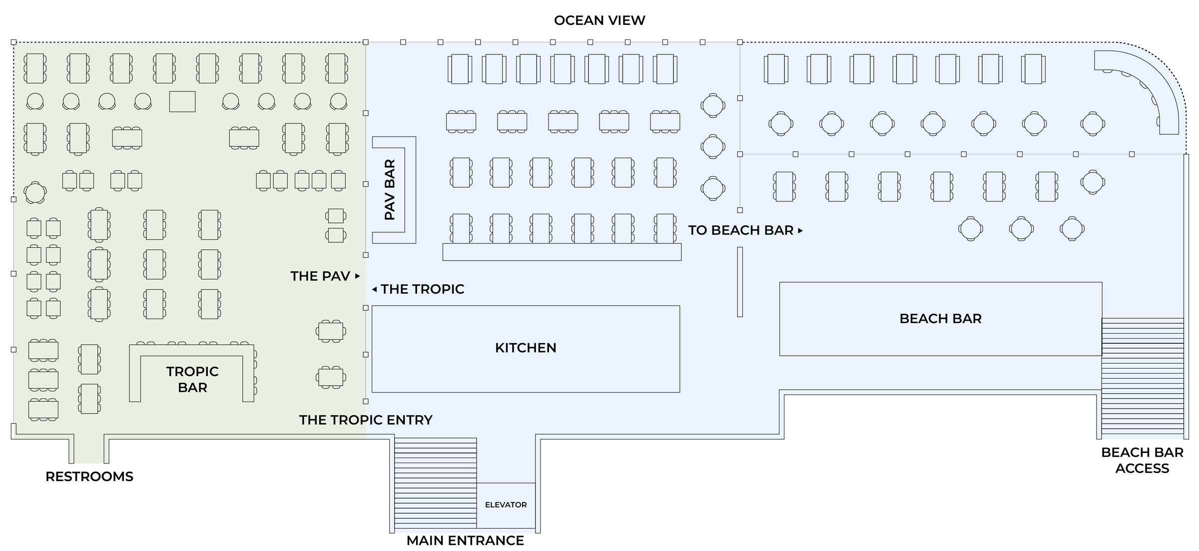 Full venue floor plan, divided by The Tropic and The PAV. Top down birds eye view. 