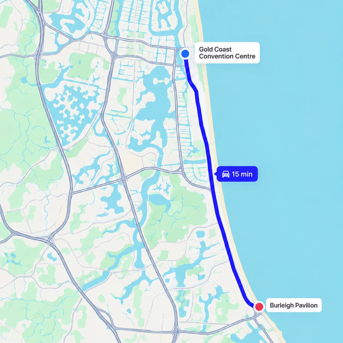 Map showing a 15-minute drive from the Gold Coast Convention Centre to Burleigh Pavilion