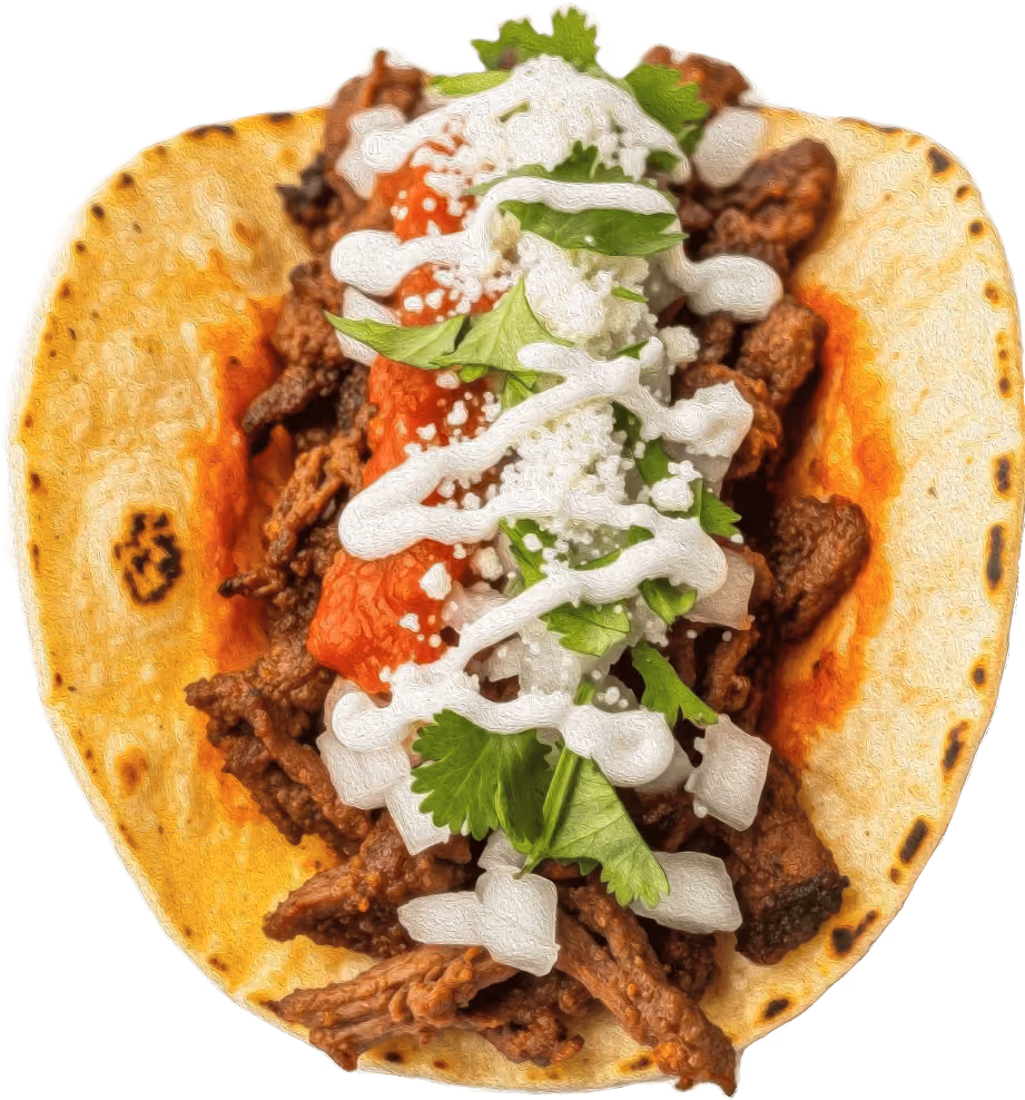 Taco with seasoned beef, red salsa, chopped onions, cilantro, cheese, and cream on a soft tortilla.
