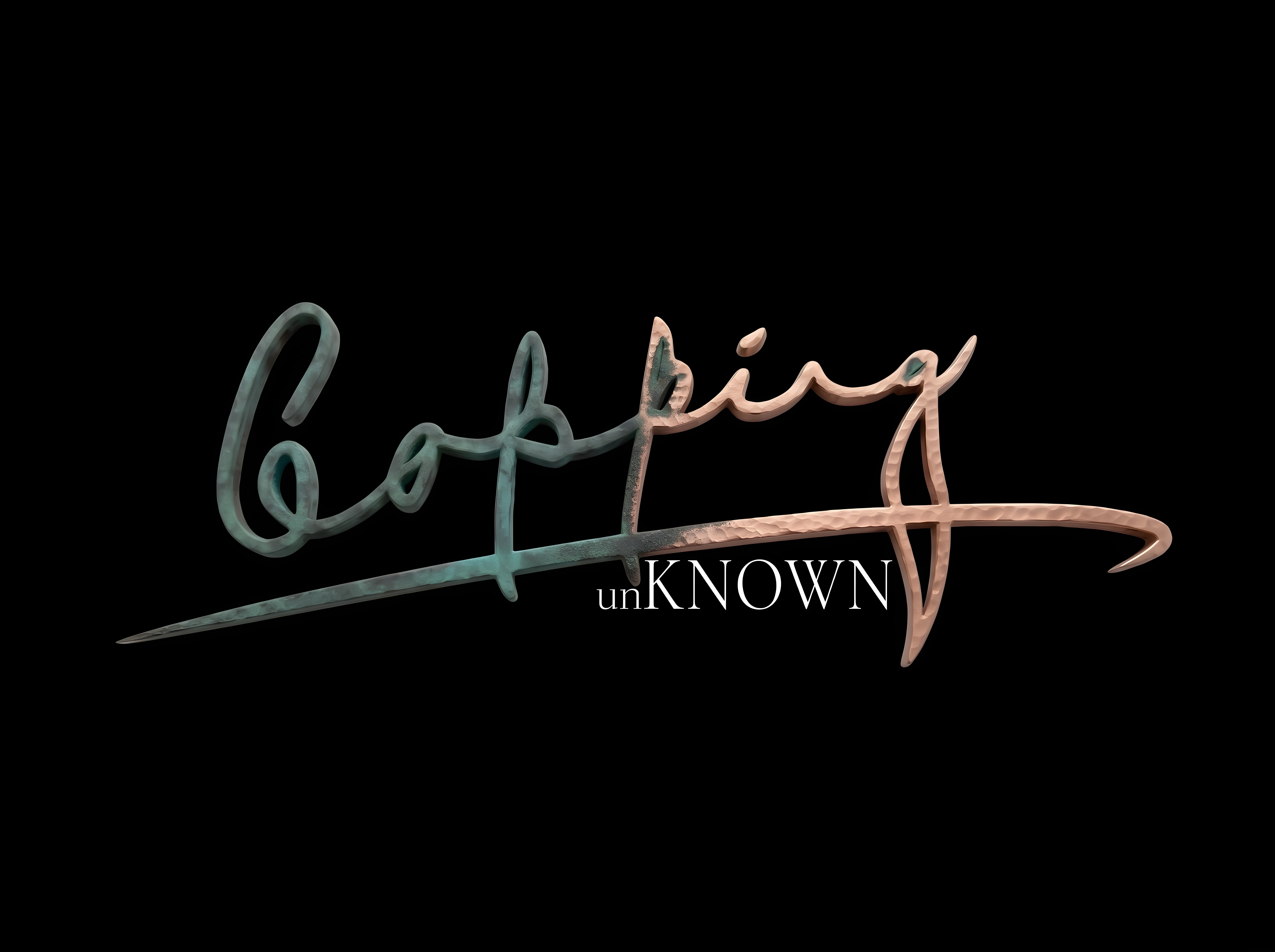 Copping Unknown brand logo featuring an embossed bronze handwritten signature paired with crisp serif typography against a black background.