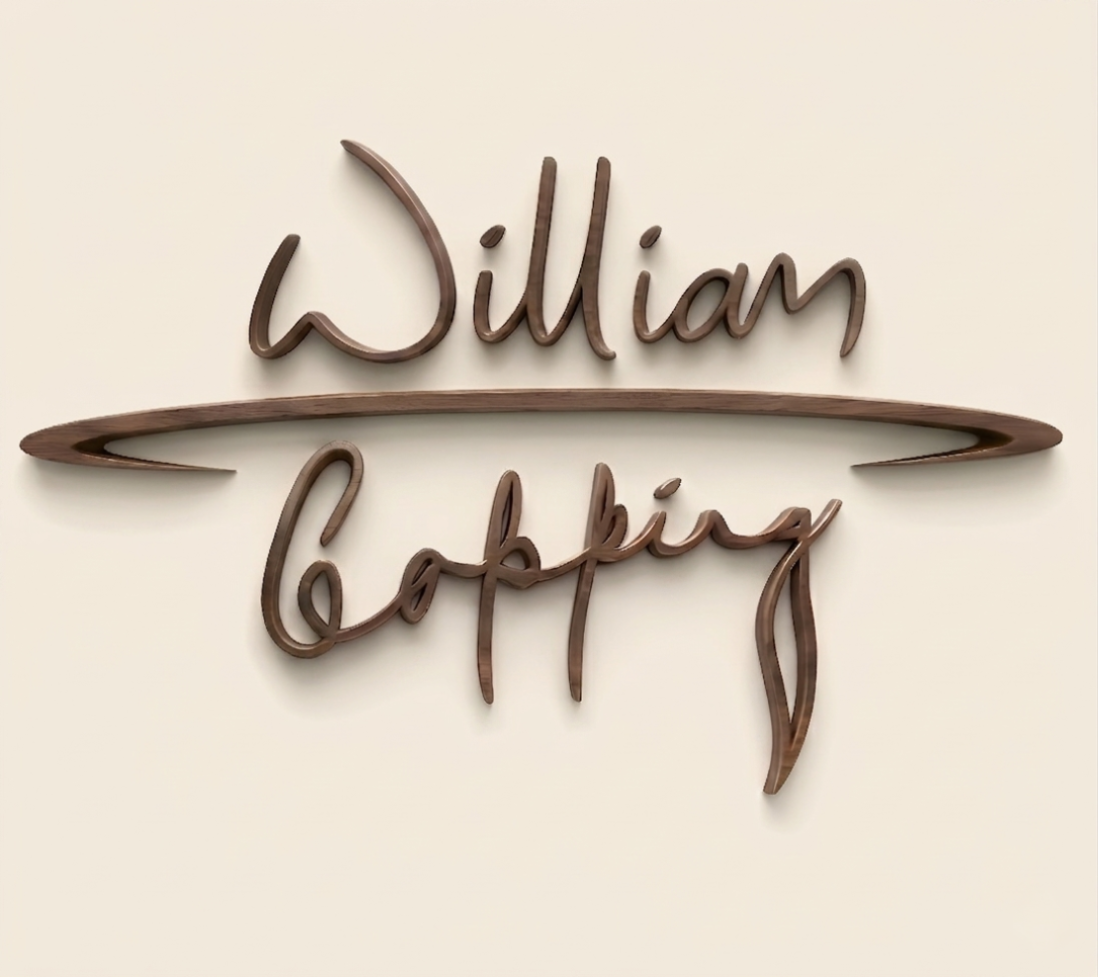 Early bronze design on off white background showing "William Copping" vertically separated by a bronze line.