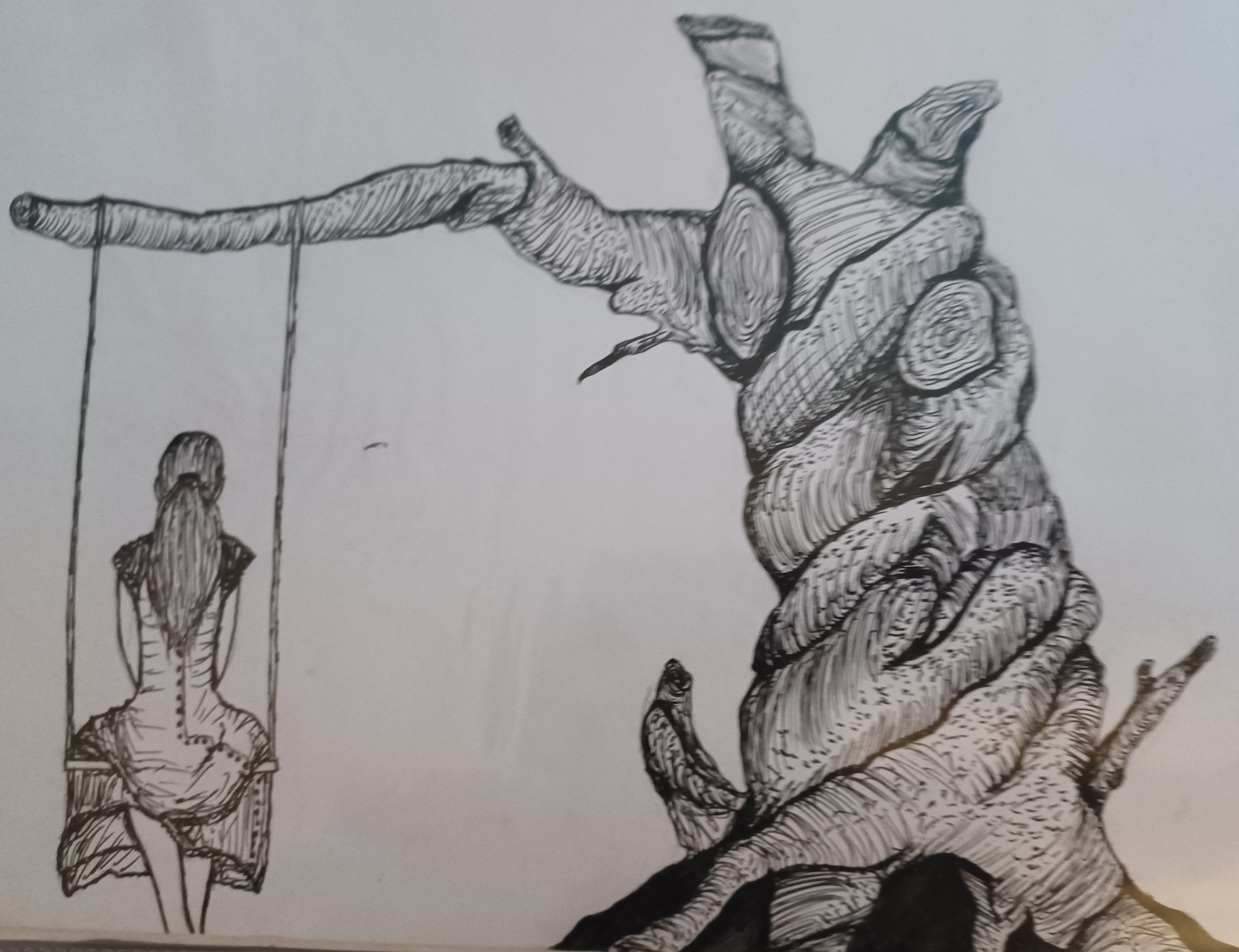Detailed pen and ink drawing of a figure seated on a rope swing suspended from the thick branch of a twisted, gnarly tree.