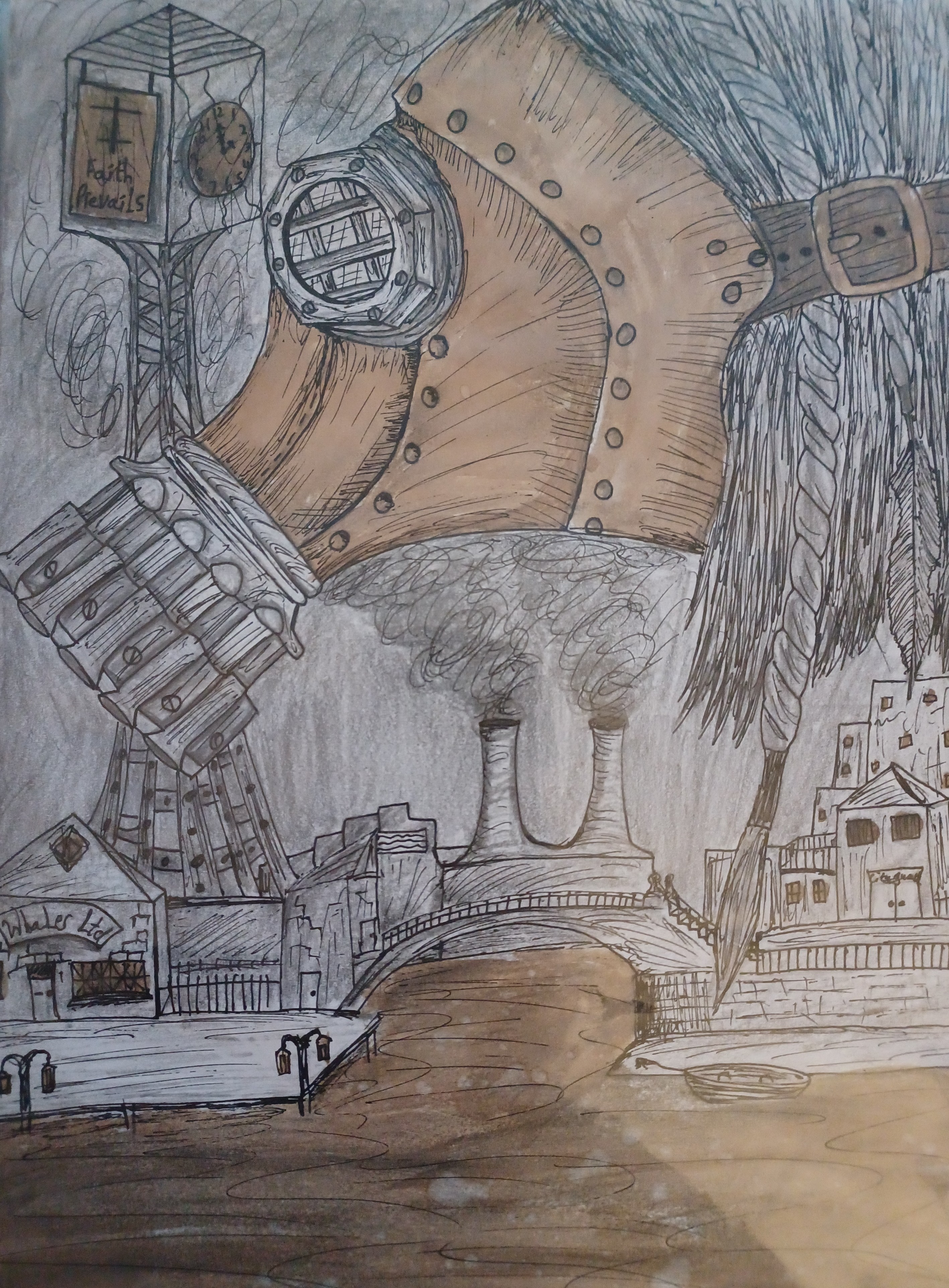Stylised character illustration of a figure wearing a vintage military gas mask and worker jacket against a light wash background with a whaling port scene and pillars of smoke coming from furnace towers in the distance.