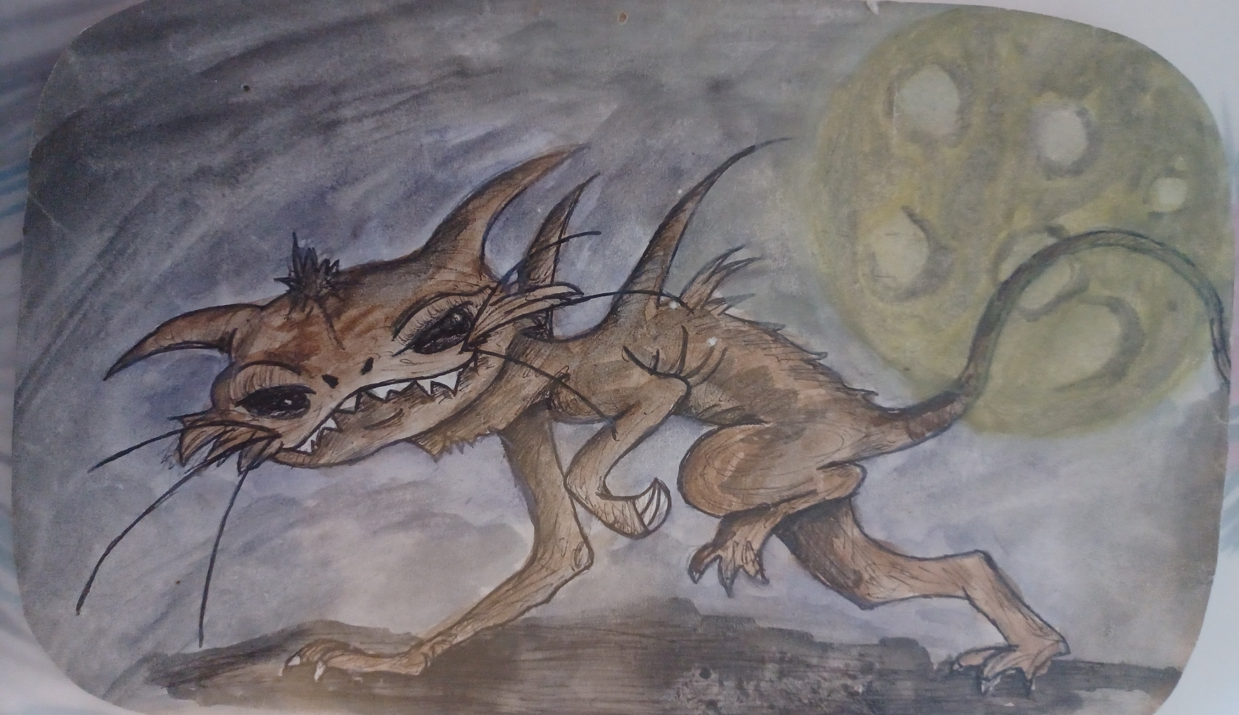 A strange looking water colour illustration of a Cat. It looks like a monster based off of a cat. Purple background with a full moon.