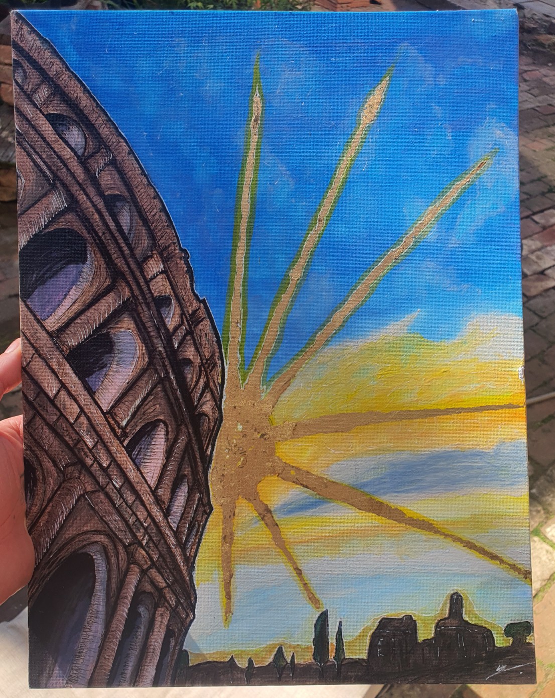 A stylised water colour painting of the collesseum 