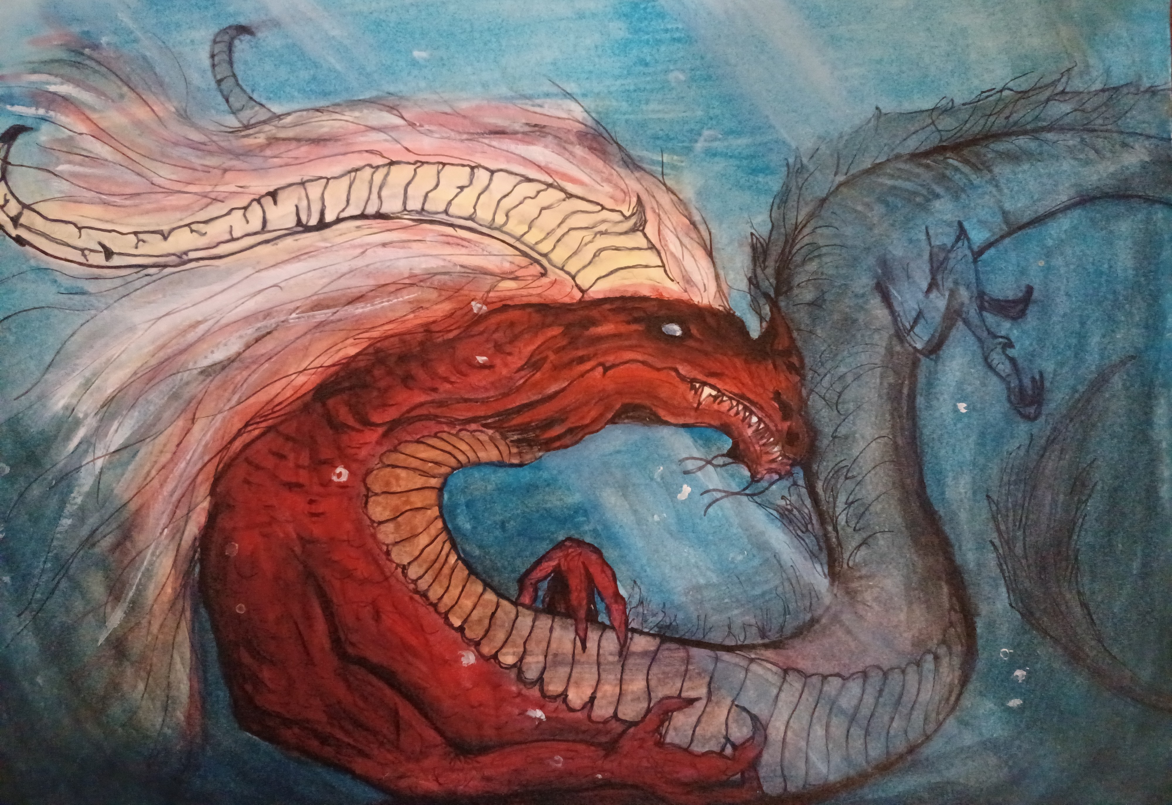 Traditional mixed media illustration of two opposing serpents coiled together, featuring an expressive red dragon in the foreground and a ghostly blue dragon in the background on textured paper.