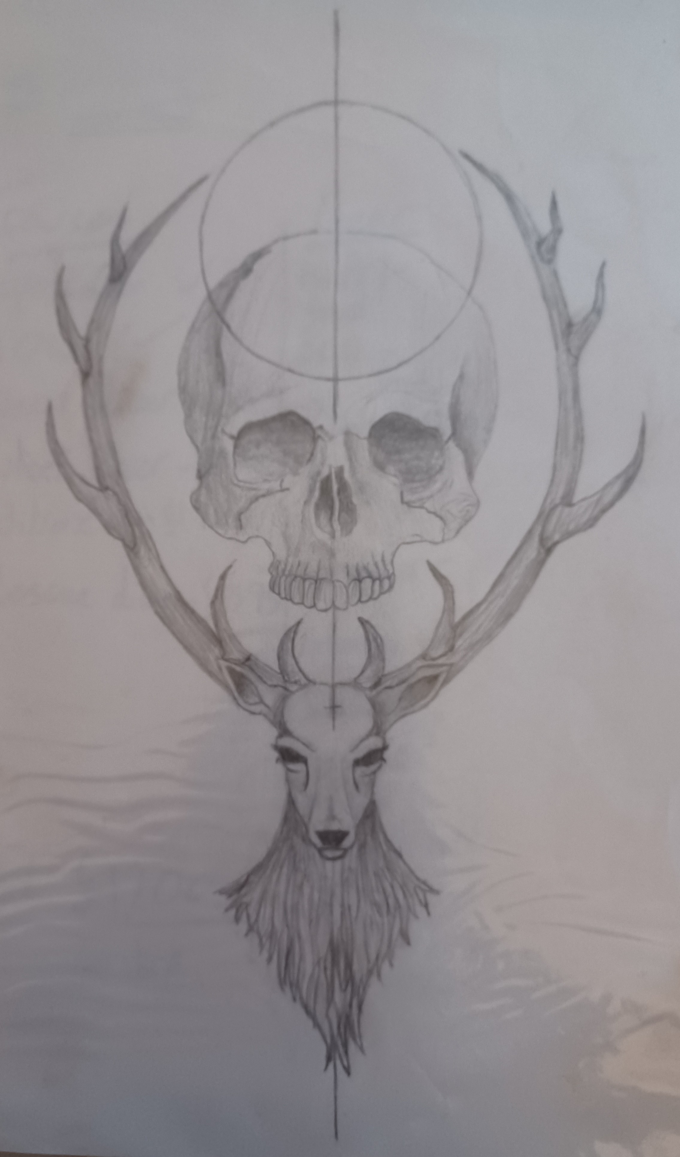 A pencil sketch of a stags head with a human skull nestled between the antlers.