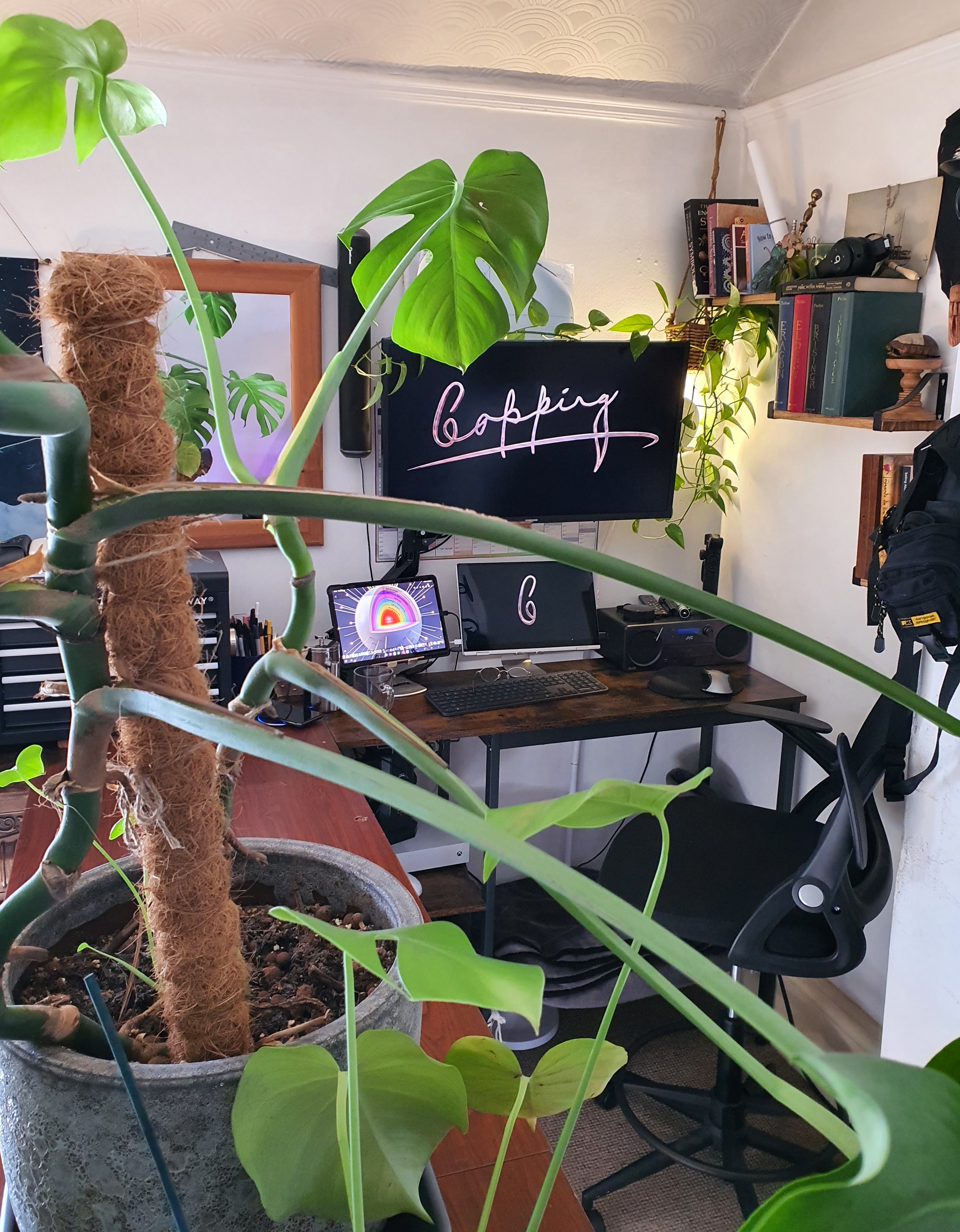 Home office work area viewed through the leaves of a Monstera Deliciosa, displaying a computer screen with the glowing handwritten Copping logo on a dark background.