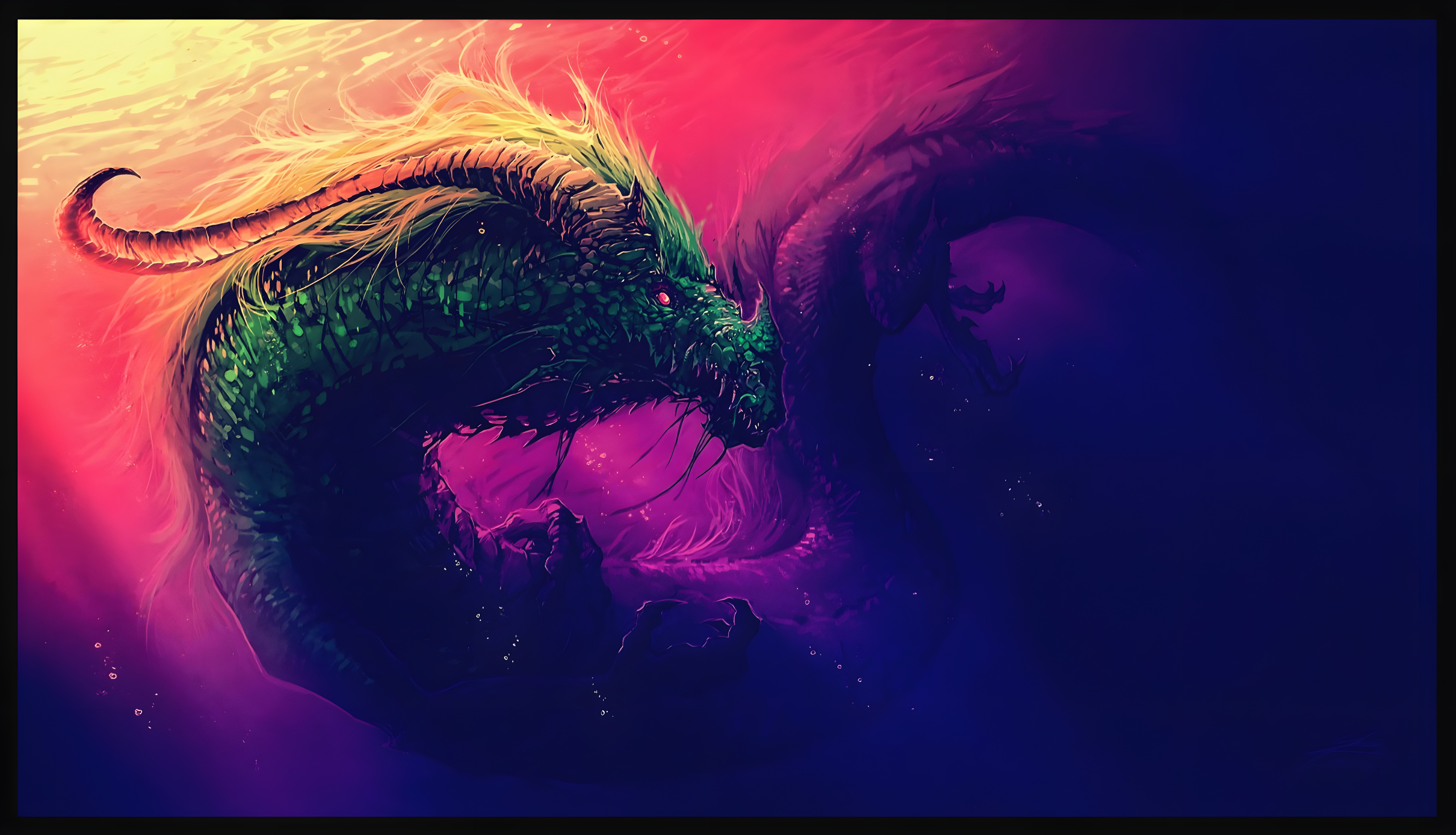 Digital illustration of an emerald green dragon head with curved horns and glowing accents, set against an abstract cosmic backdrop of deep magenta, gold, and violet nebula light.