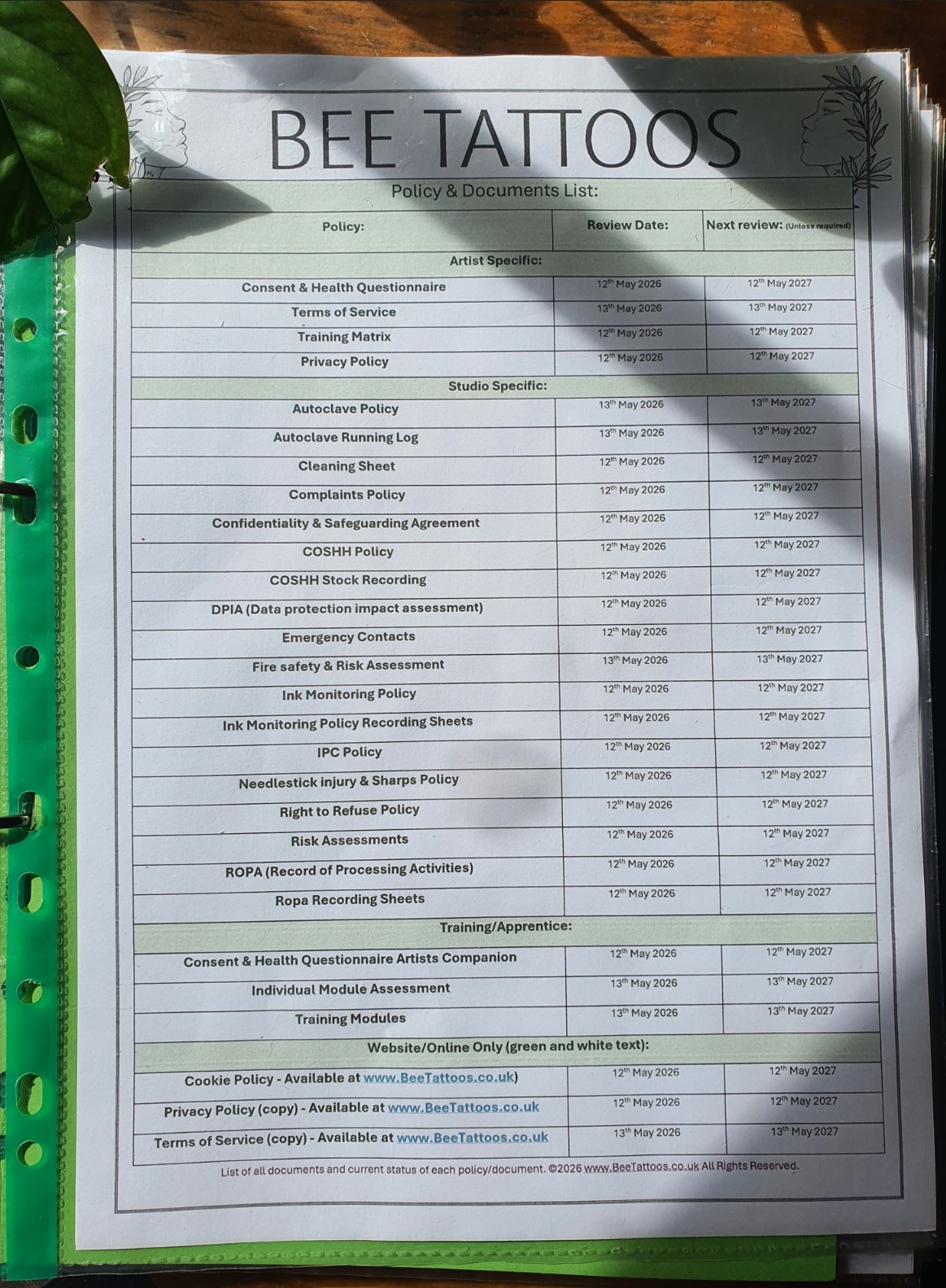 Ring bound policy and documents directory sheet for Bee Tattoos listing artist and studio compliance policies, statutory review dates, and scheduled 2027 audit timelines.