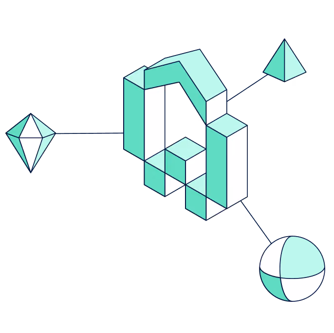 Isometrische grüne und weiße geometrische Formen, bestehend aus einem zentralen, komplexen, verbundenen 3D-Würfel und umgebenden einfachen Formen wie einer Pyramide, einem Diamanten und einer Kugel, verbunden durch Linien.