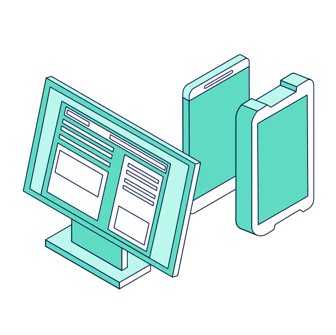 Illustration eines Computerbildschirms mit angezeigten Dokumenten und zwei mobilen Geräten im Hintergrund, die verschiedene Bildschirmtypen darstellen.