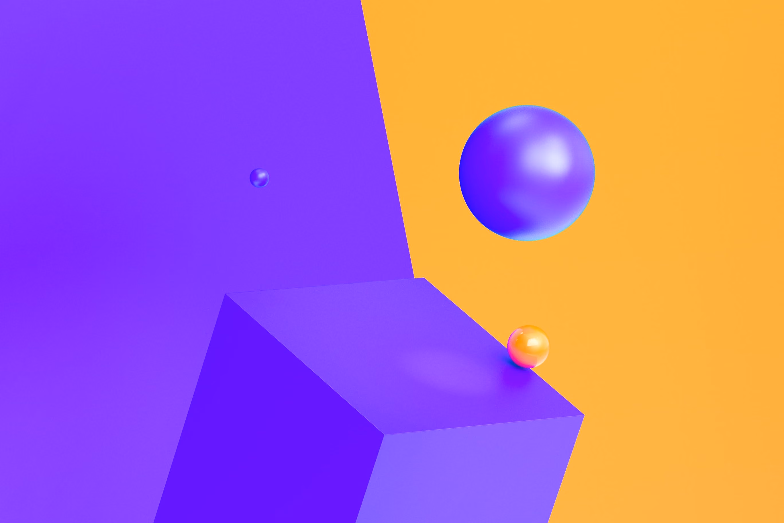 Abstraktes Bild mit einem großen blauen Würfel vor einem zweifarbigen Hintergrund in Blau und Orange, sowie drei schwebenden Kugeln in Blau und Orange.