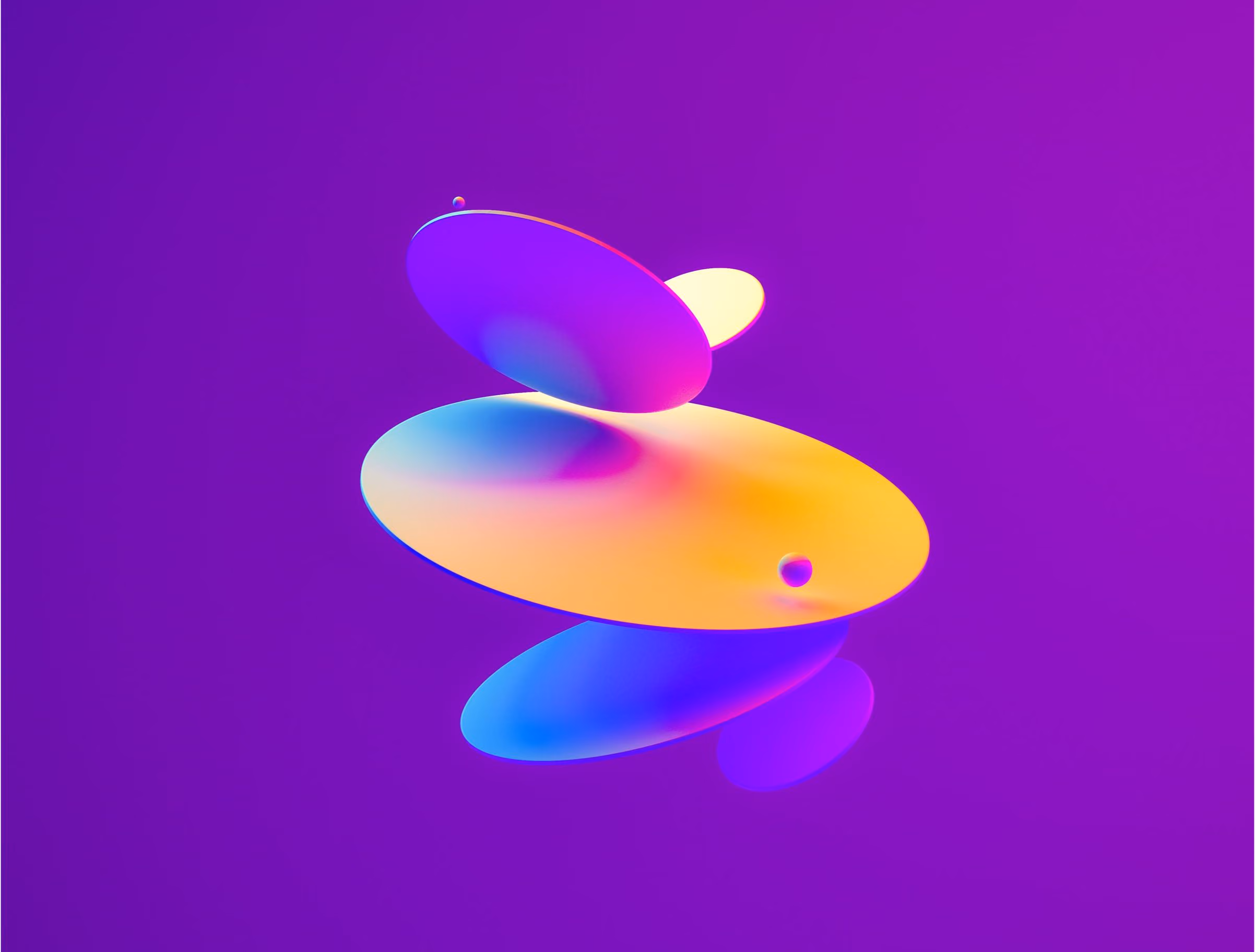 Abstrakte digitale Kunst mit schwebenden, überlappenden ovalen Formen in leuchtenden Farben Gelb, Blau und Lila auf violettem Hintergrund.