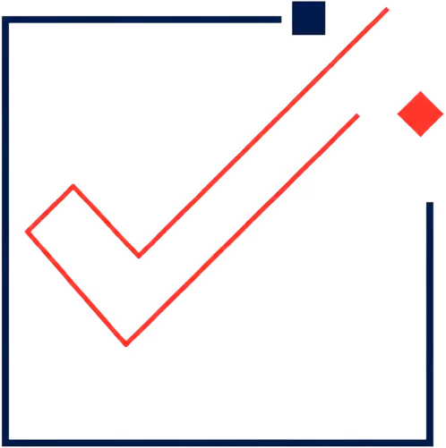 Abstraktes Design eines blauen quadratischen Rahmens mit einer roten Häkchenlinie, die innerhalb und außerhalb des Rahmens verläuft, begleitet von einem roten Diamantsymbol rechts.