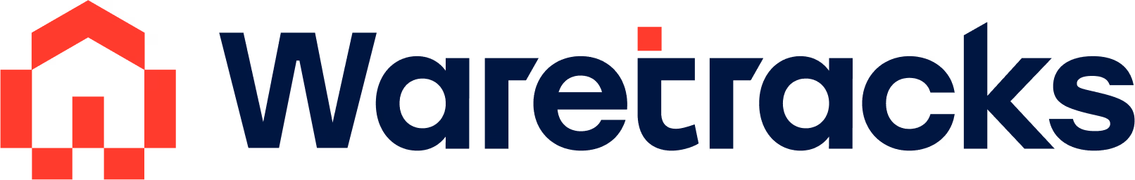 Waretracks Firmenlogo in Rot und Dunkelblau mit stilisiertem Haus-Symbol links vom Schriftzug.